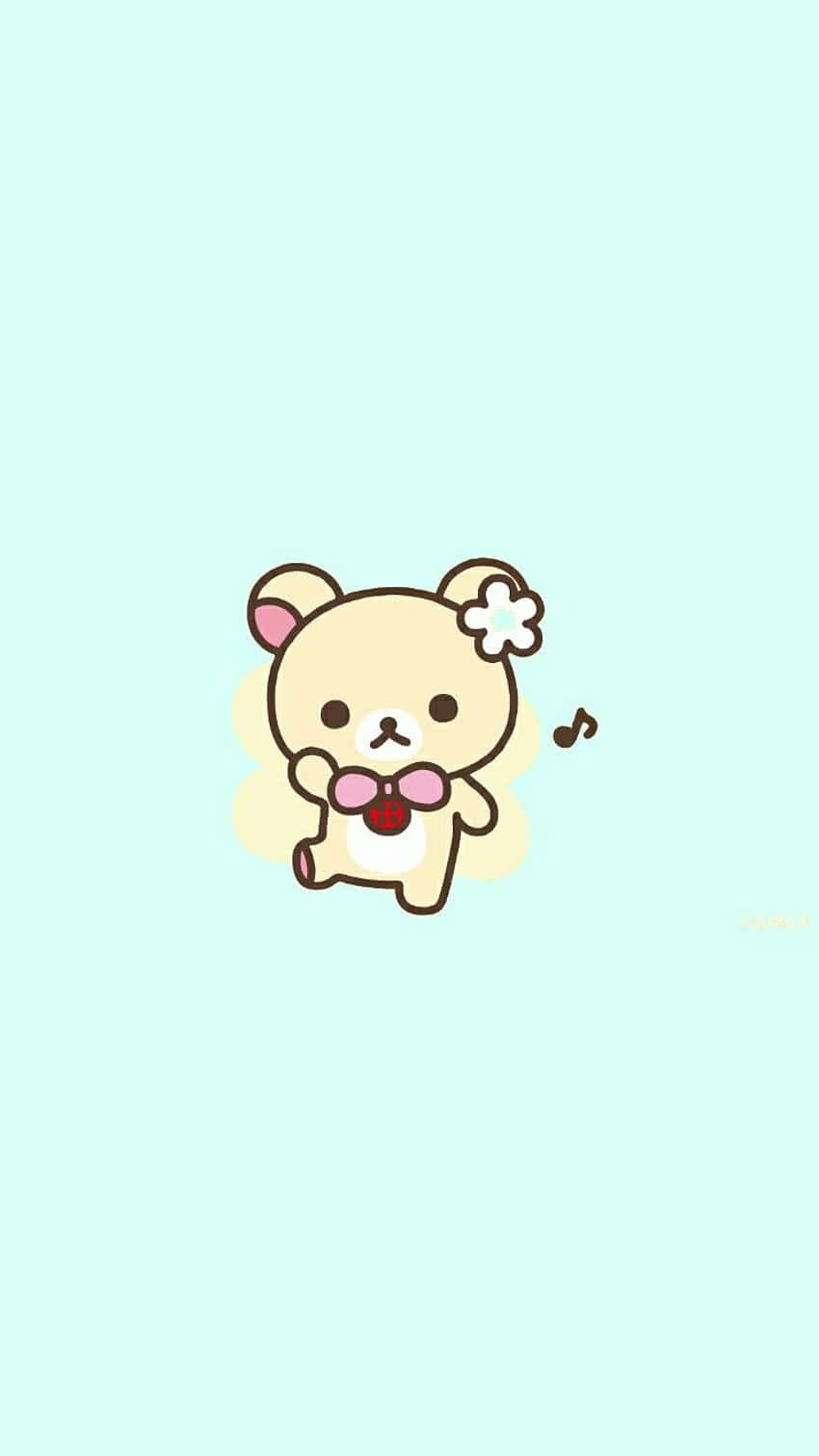 「可愛Rilakkuma愛好者們，集合啦！」 壁紙 — 一隻可愛的米色小熊，頭上戴著一朵白花和一個粉紅色蝴蝶結，在柔和的薄荷綠色背景前拿著一隻紅色瓢蟲。