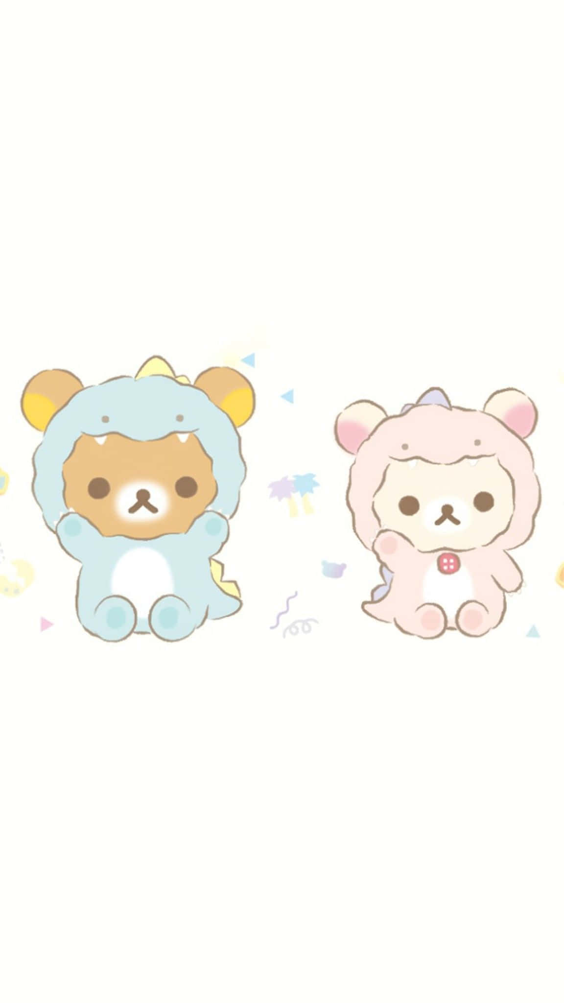可愛Rilakkuma熊悠閒森林休憩 壁紙 — 兩隻可愛嘅卡通熊仔穿著粉彩恐龍服裝，並排坐在純白色背景上，周圍有飄浮嘅五彩紙屑。