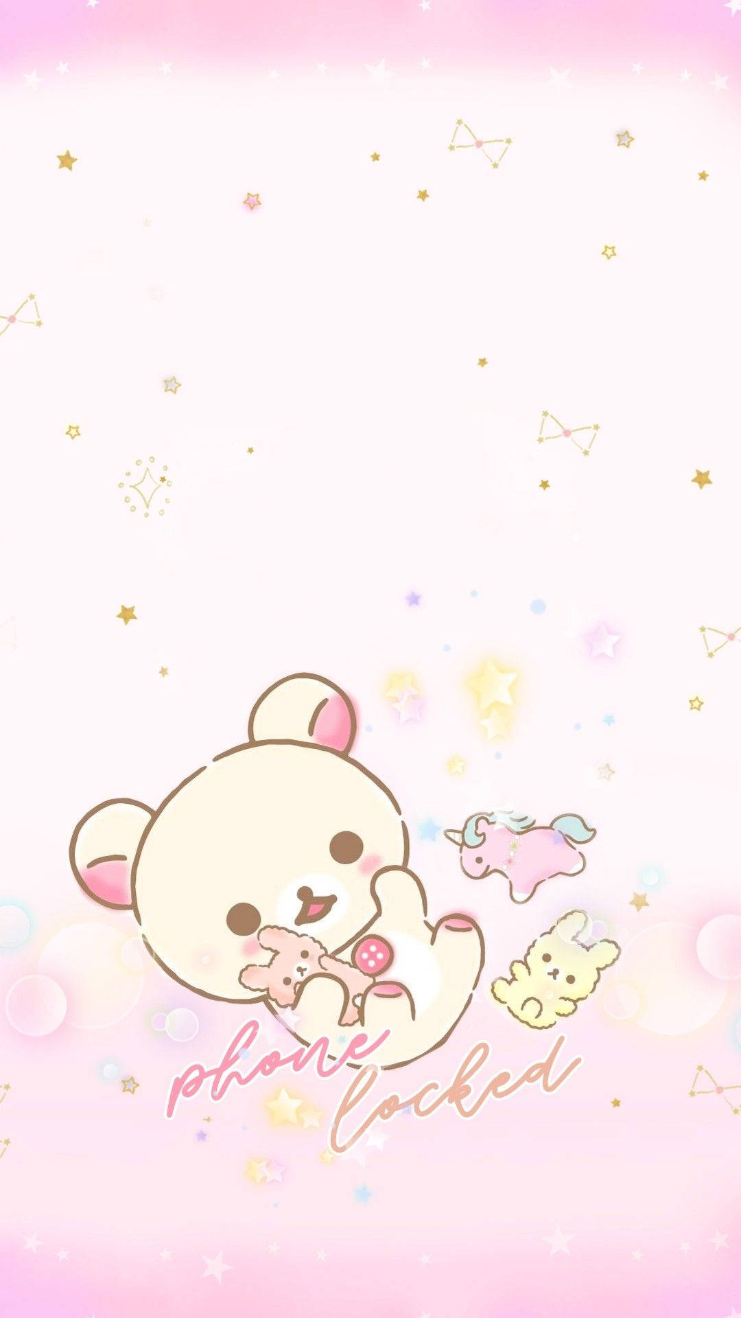 可愛Rilakkuma鎖屏 壁紙 — 一隻可愛的粉彩粉紅色熊抱著毛絨玩具，周圍漂浮著獨角獸和星星，背景為漸變色。