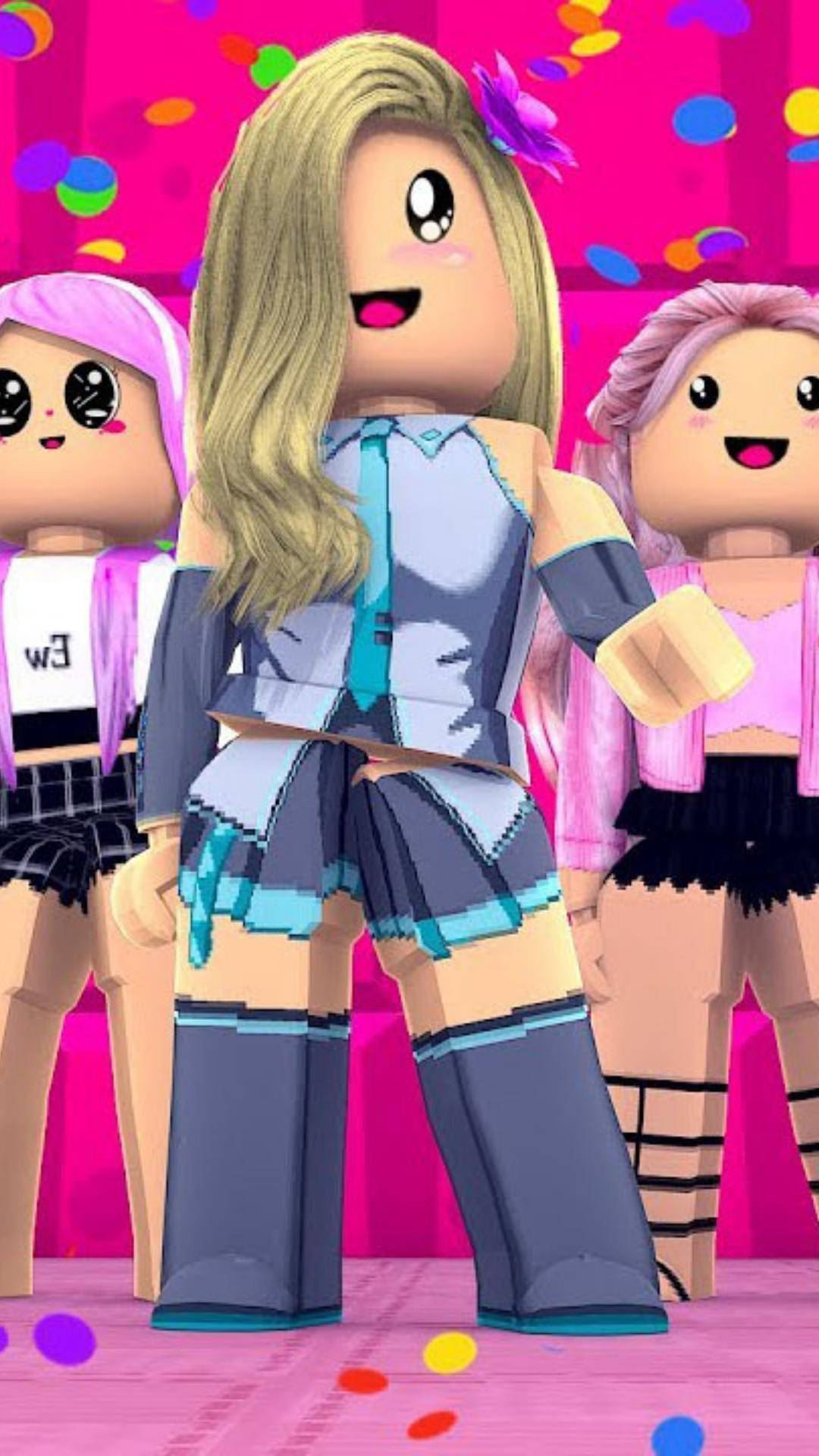 三個Roblox角色在節日粉紅色場景中用五彩紙屑慶祝。