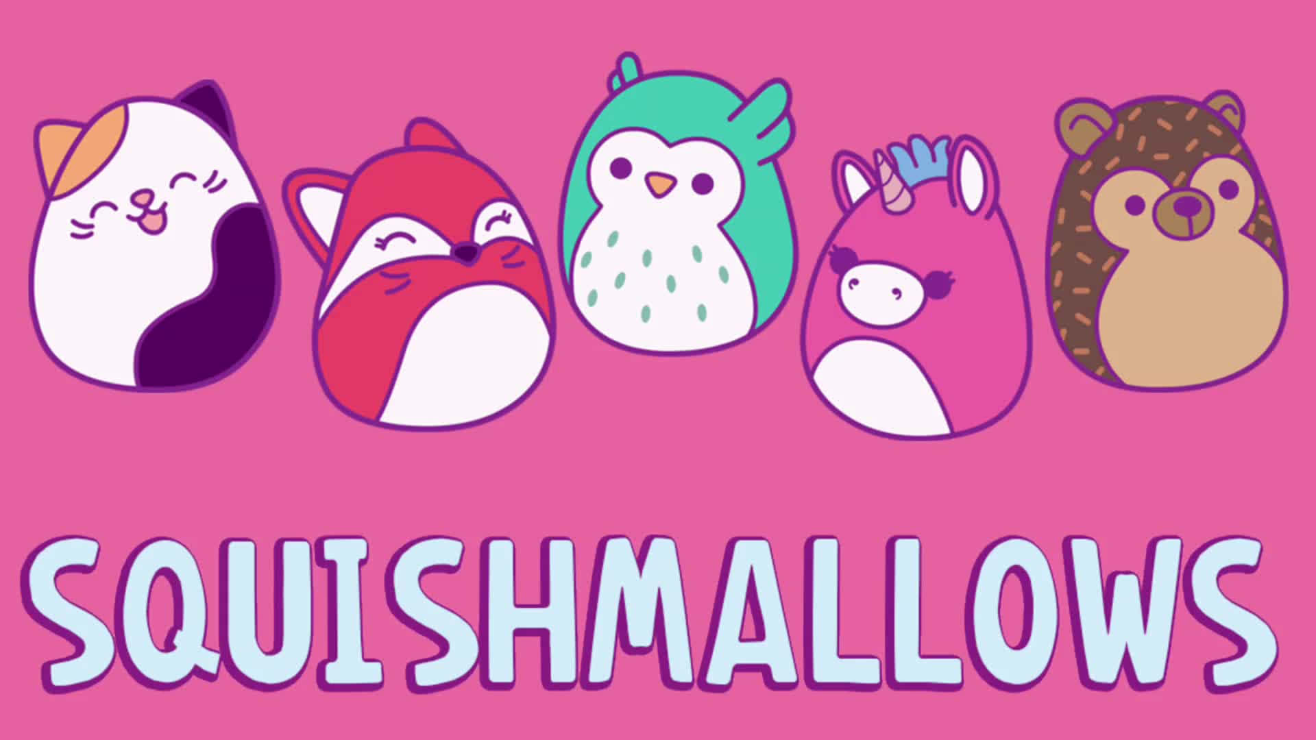 可愛Squishmallow家族聚會 壁紙 — 五個可愛的卡通動物角色，身體圓潤，表情快樂，坐在明亮的粉紅色背景上。