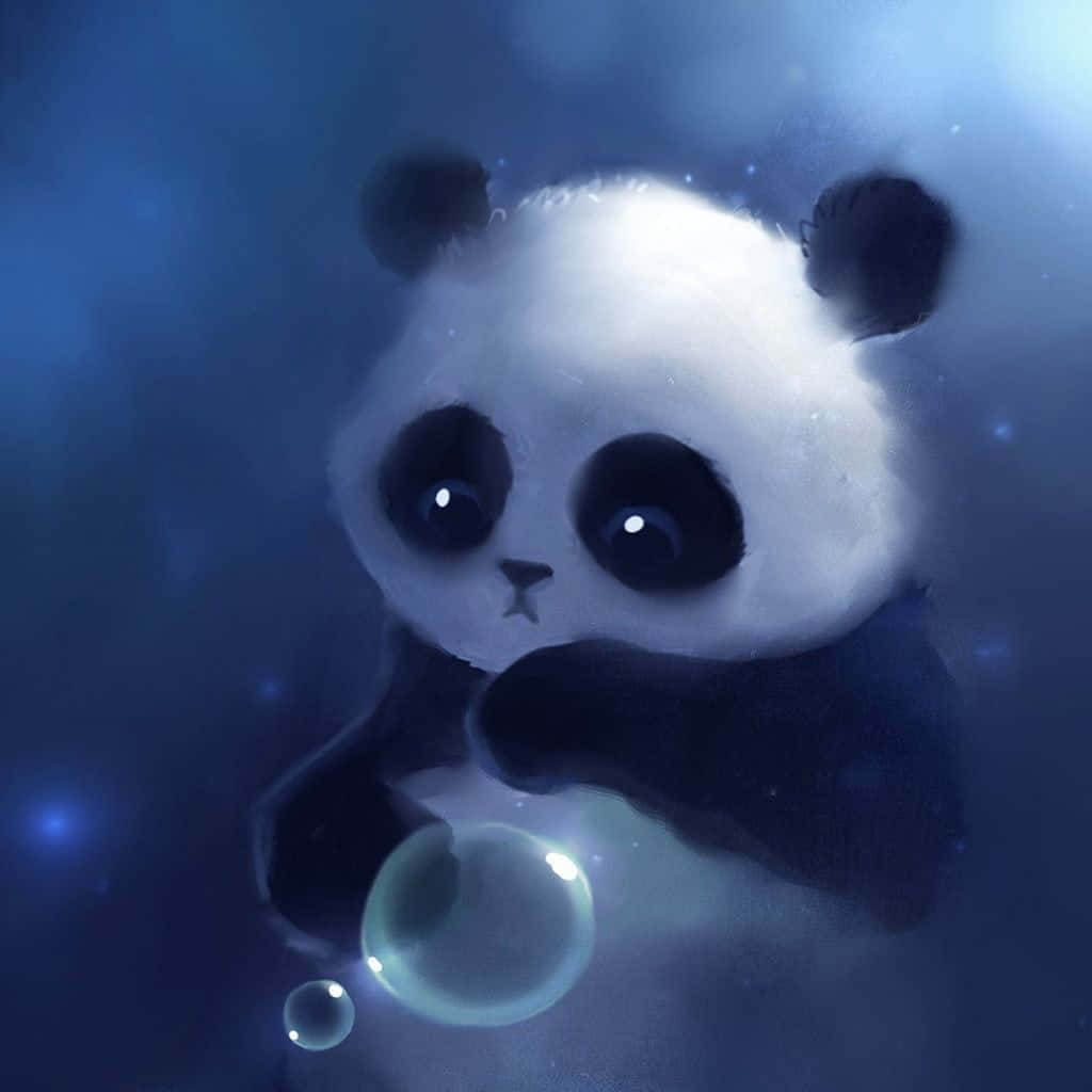 可愛Tumblr iPad數位藝術熊貓 壁紙 — 一隻可愛的大熊貓，大眼睛，在夢幻的藍色迷霧背景中拿著一個發光的泡泡。