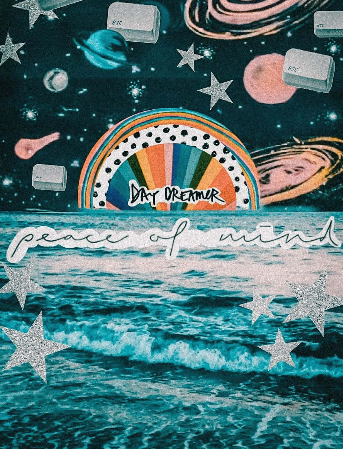 彩虹下的超現實海浪，漂浮著星星和鍵盤按鍵。