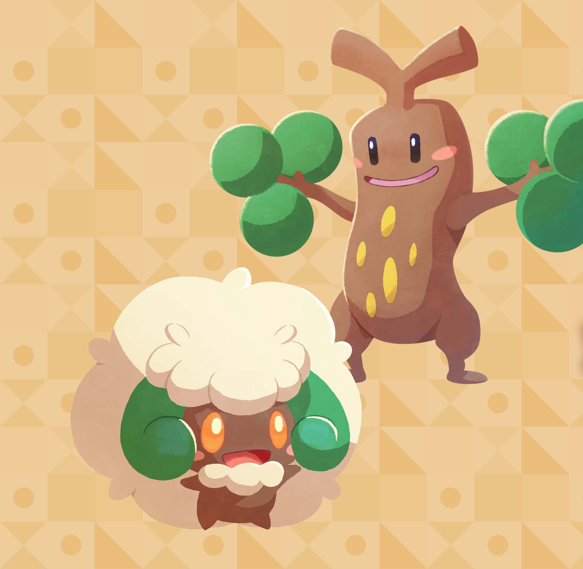 可愛Whimsicott與害羞的Sudowoodo 壁紙 — 兩個開心的寶可夢角色站在溫暖的幾何圖案背景前，光線柔和。