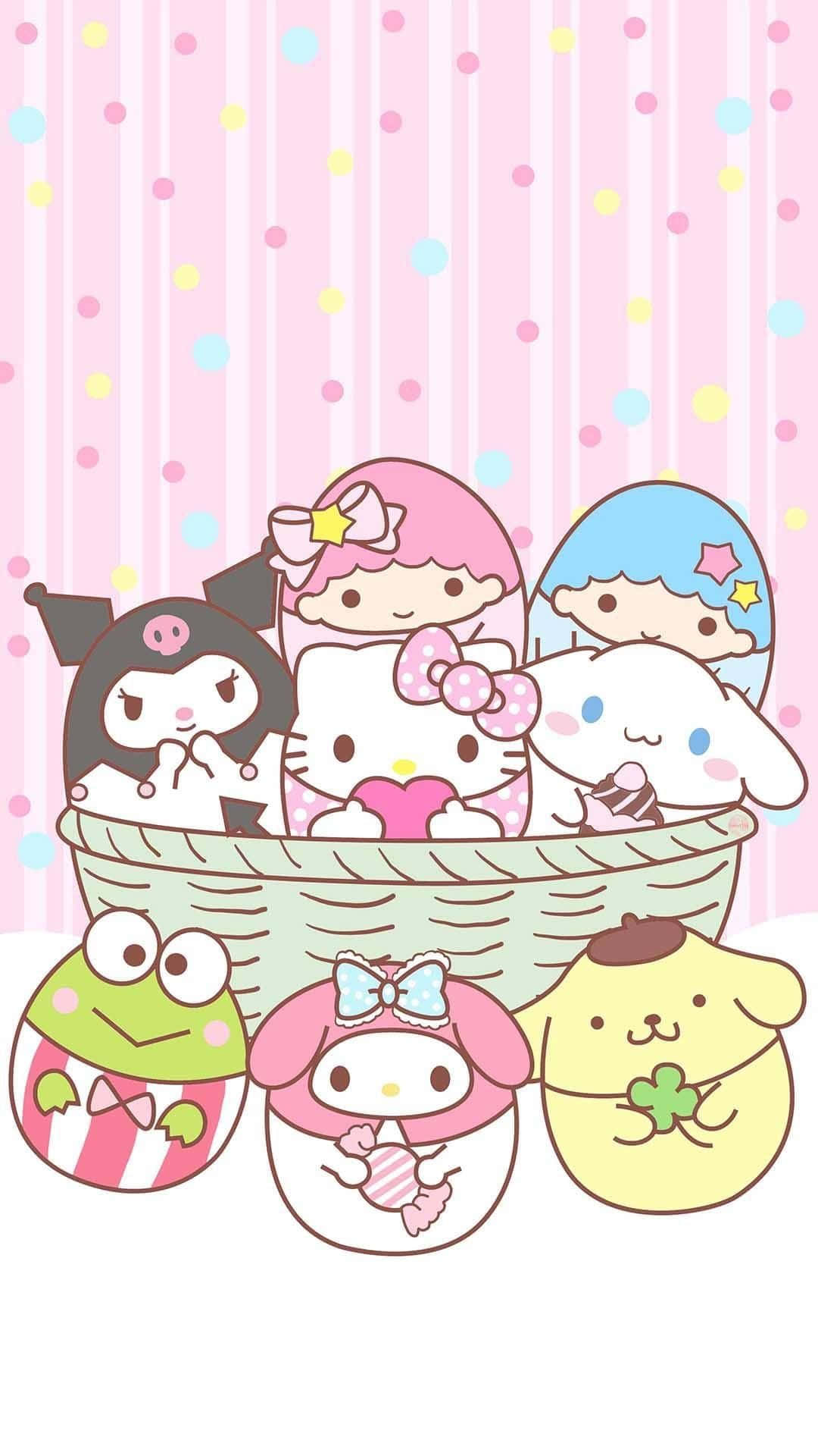 可愛三麗鷗圖像 壁紙 — 七個 Sanrio 角色坐在籃子裡和周圍，背景是粉紅色條紋和圓點圖案。