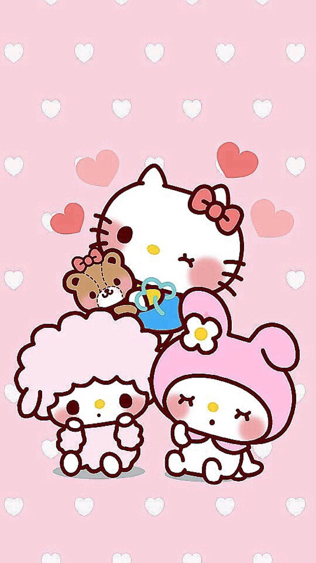 Hello Kitty 和朋友們在粉紅色背景上擁抱並帶有心形
