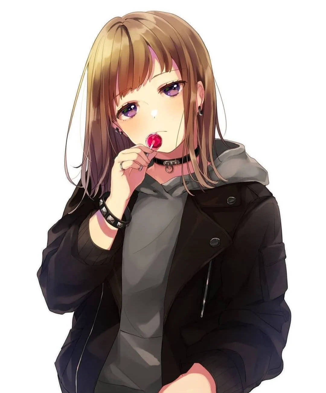 動漫女孩咬著紅色棒棒糖，身穿黑色外套和頸鏈。