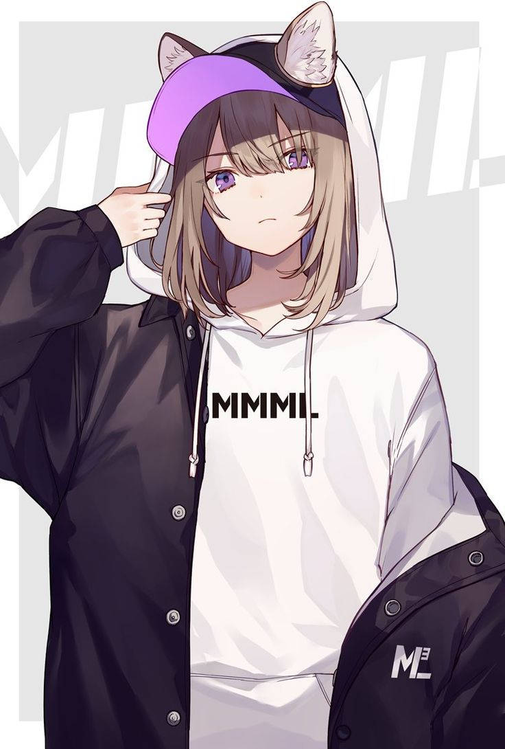 擁有貓耳的動漫女孩穿著連帽衫和外套。