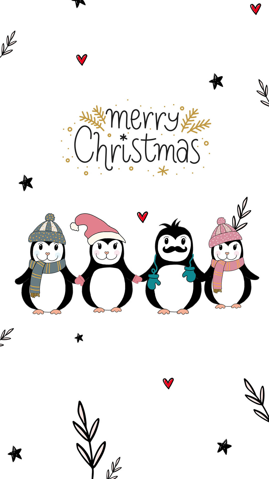 四隻穿著冬季服裝的企鵝牽手，帶有聖誕祝福和節日裝飾。