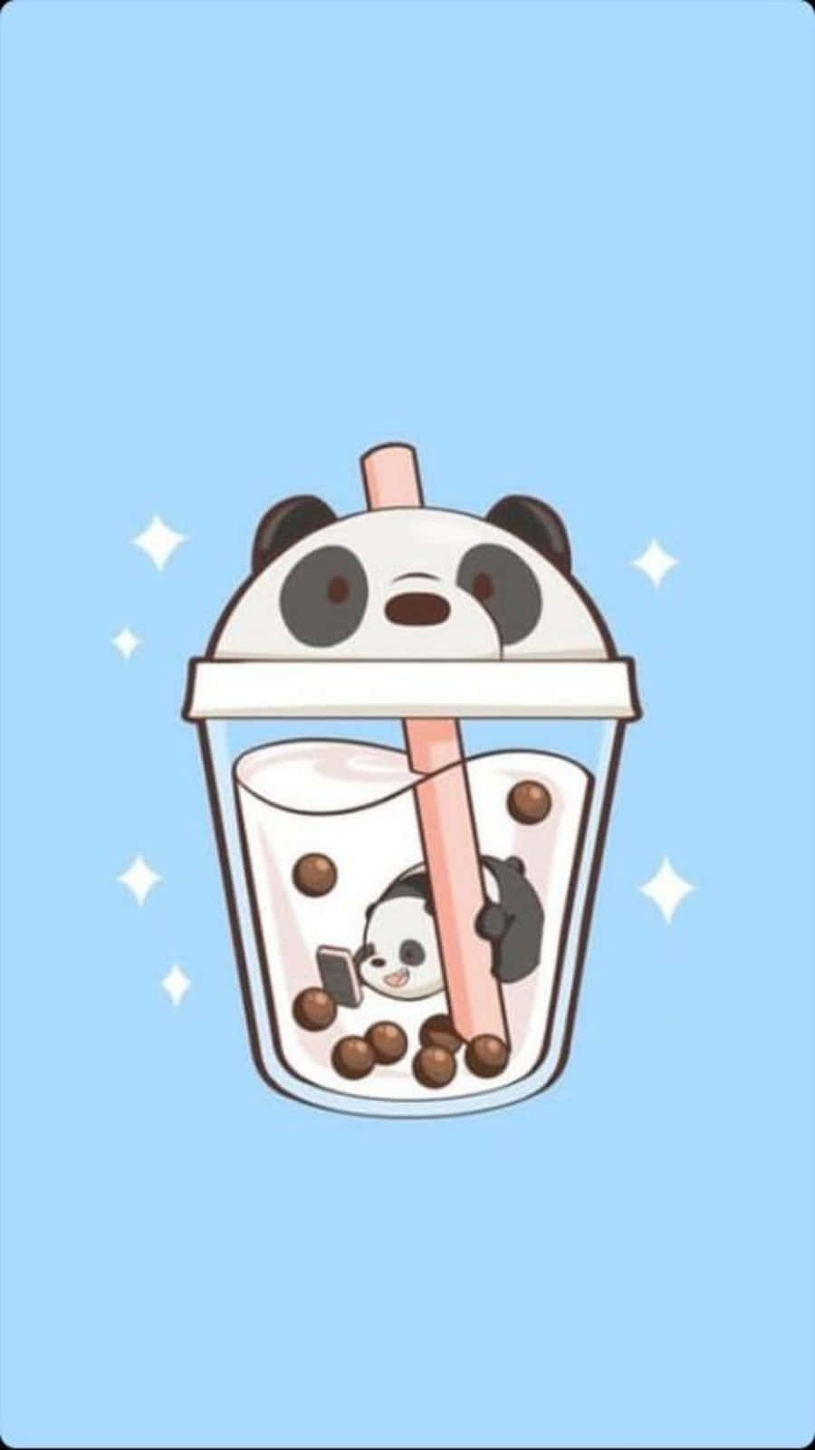 一隻卡通熊貓在一個有波霸珍珠和粉紅色吸管的珍珠奶茶杯中。