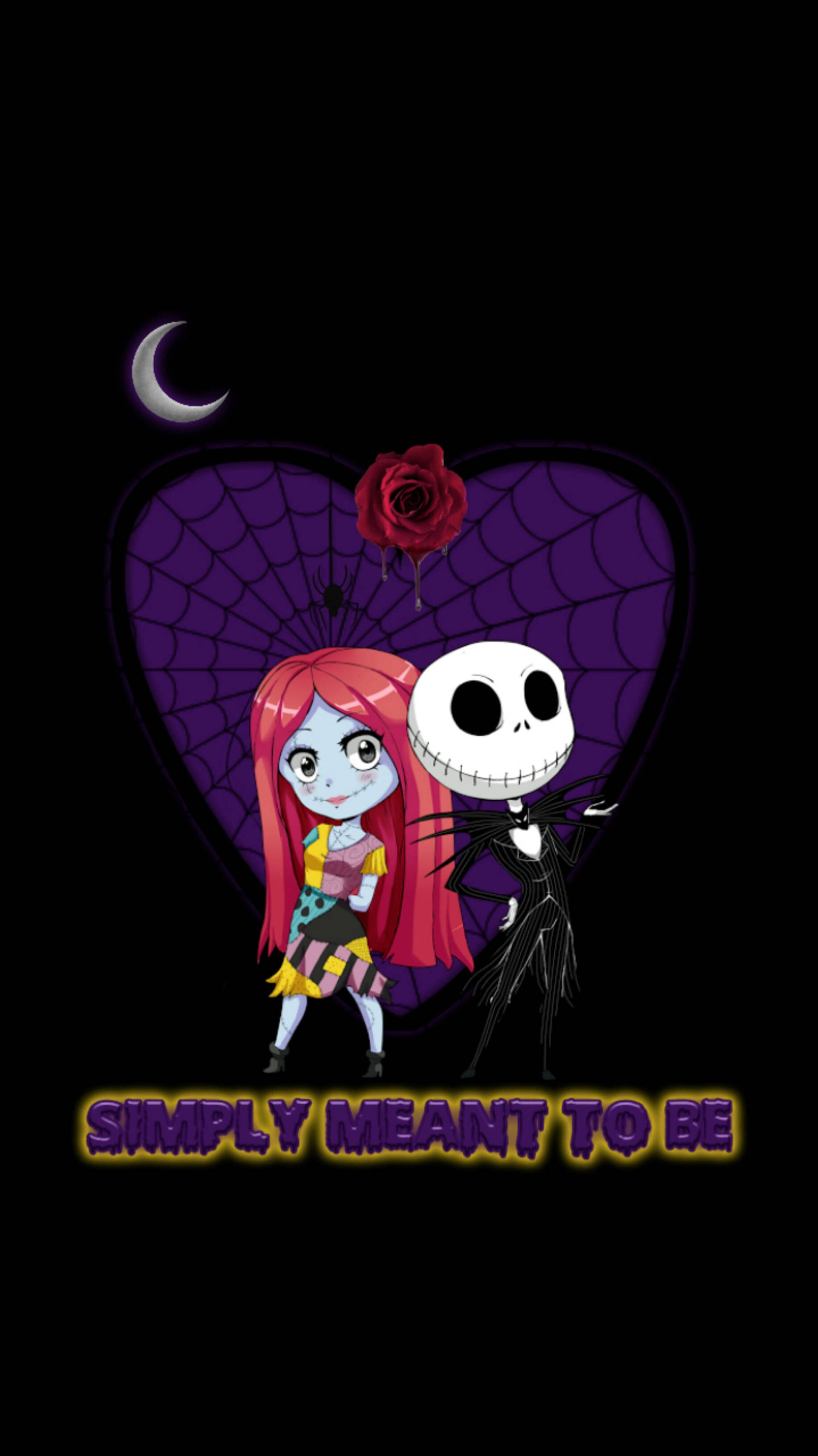 可愛傑克與莎莉 壁紙 — Jack Skellington 與 Sally 在彎月下擁抱，背景是紫色蜘蛛網心形與一朵紅玫瑰。