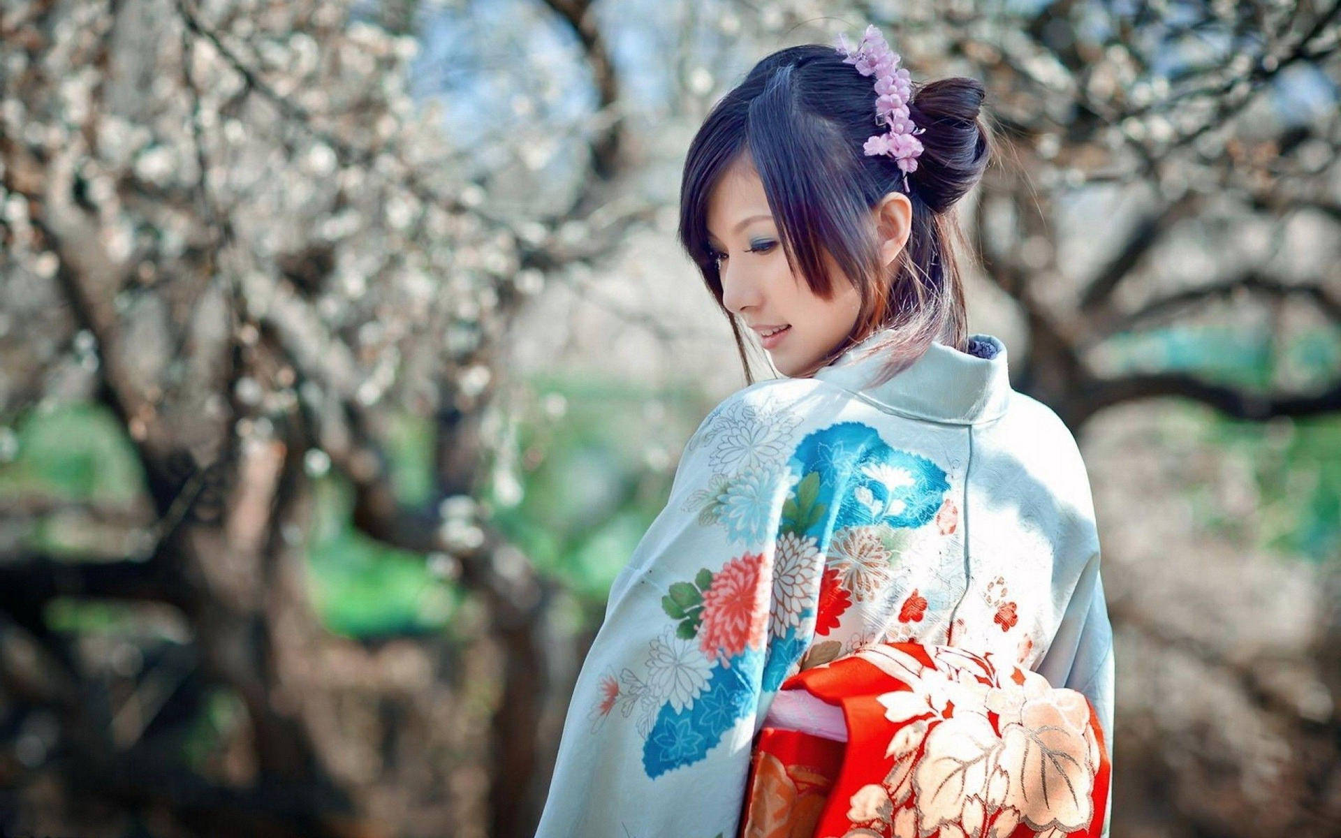 春天時，穿著傳統和服的女士站在櫻花樹下。