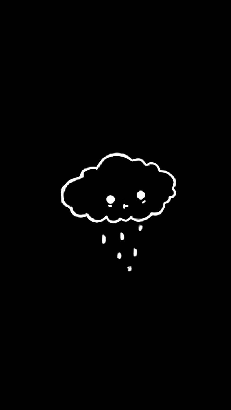 可愛傷心的下雨雲朵 壁紙 — 一個可愛的白色輪廓雲朵，有眼睛和皺眉，在純黑色背景上下雨滴。