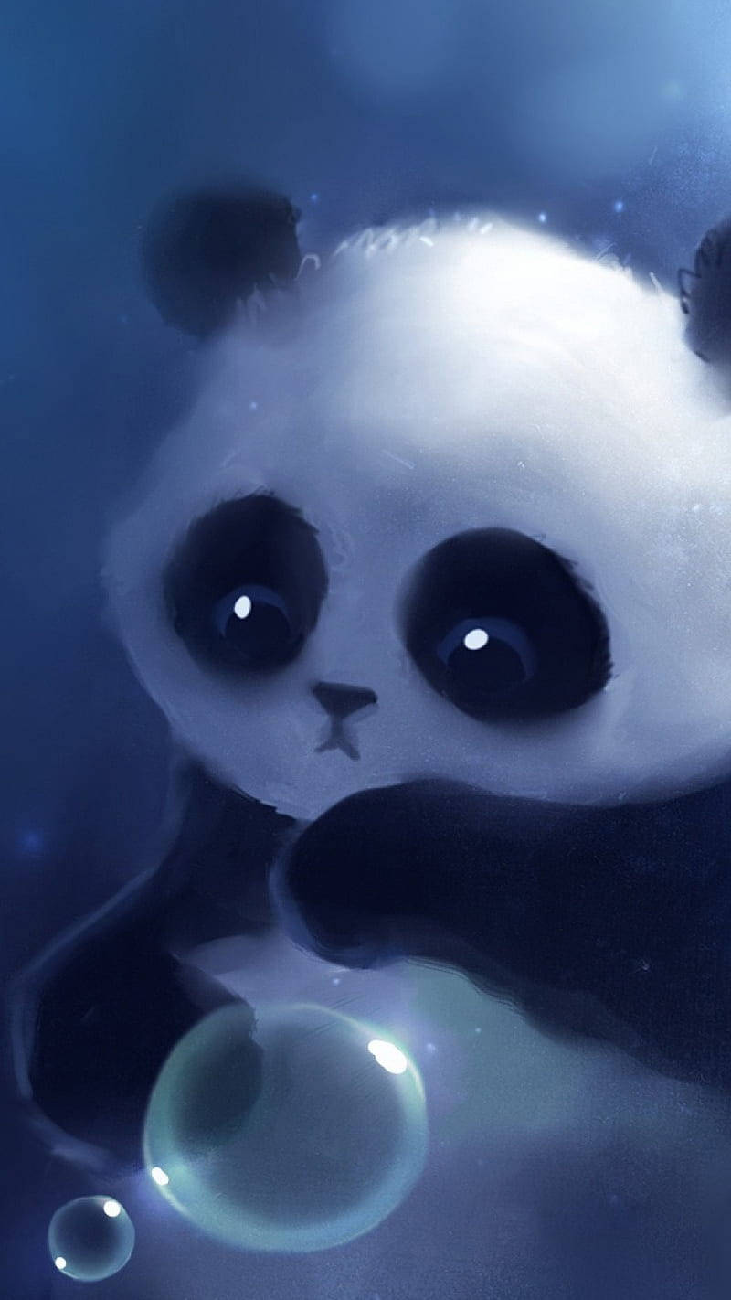 可愛傷心的熊貓 壁紙 — 一隻可愛的卡通熊貓，大眼睛，在夢幻的藍色背景上拿著一個發光的泡泡。
