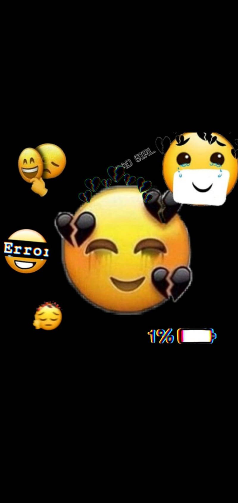 可愛傷心的黑色微笑臉 壁紙 — 一個裂開的笑臉表情符號，被其他表情符號和一個1%電池圖標包圍，背景為黑色。
