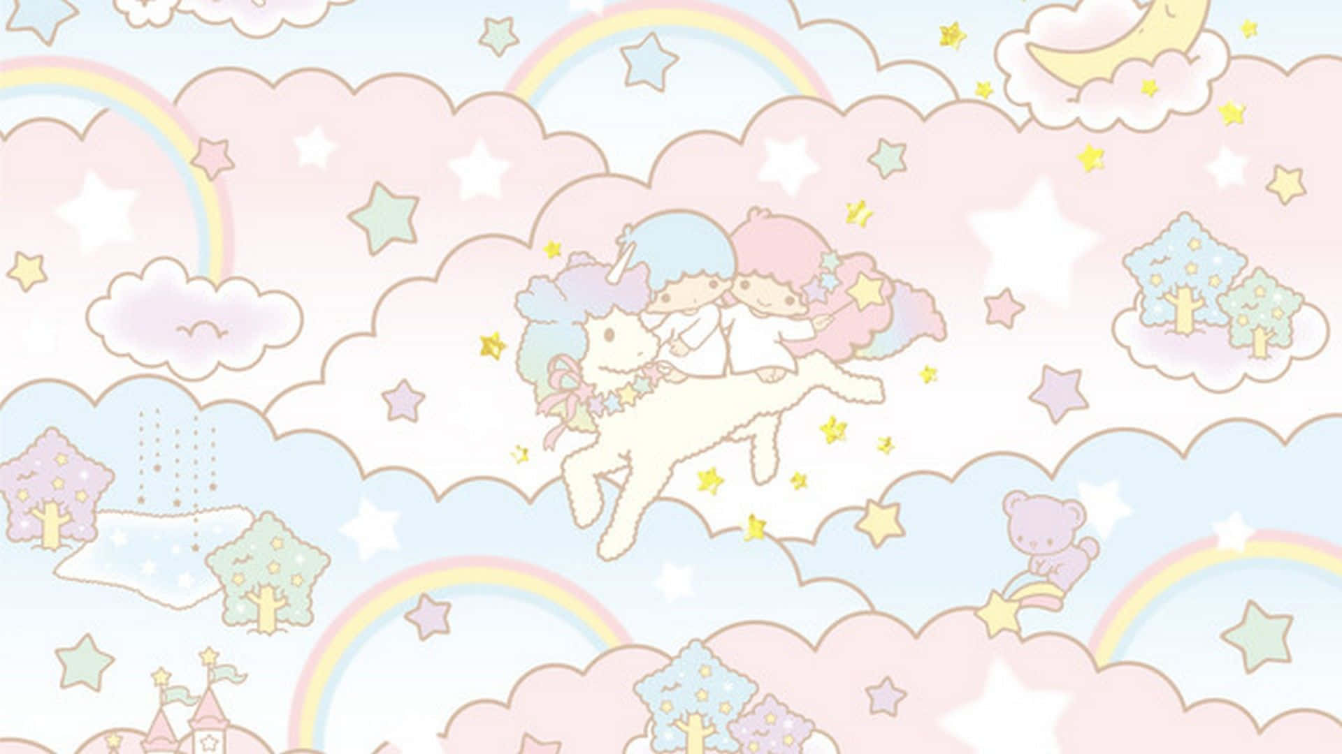 兩個卡通角色騎著獨角獸穿過充滿雲朵、彩虹和星星的天空。