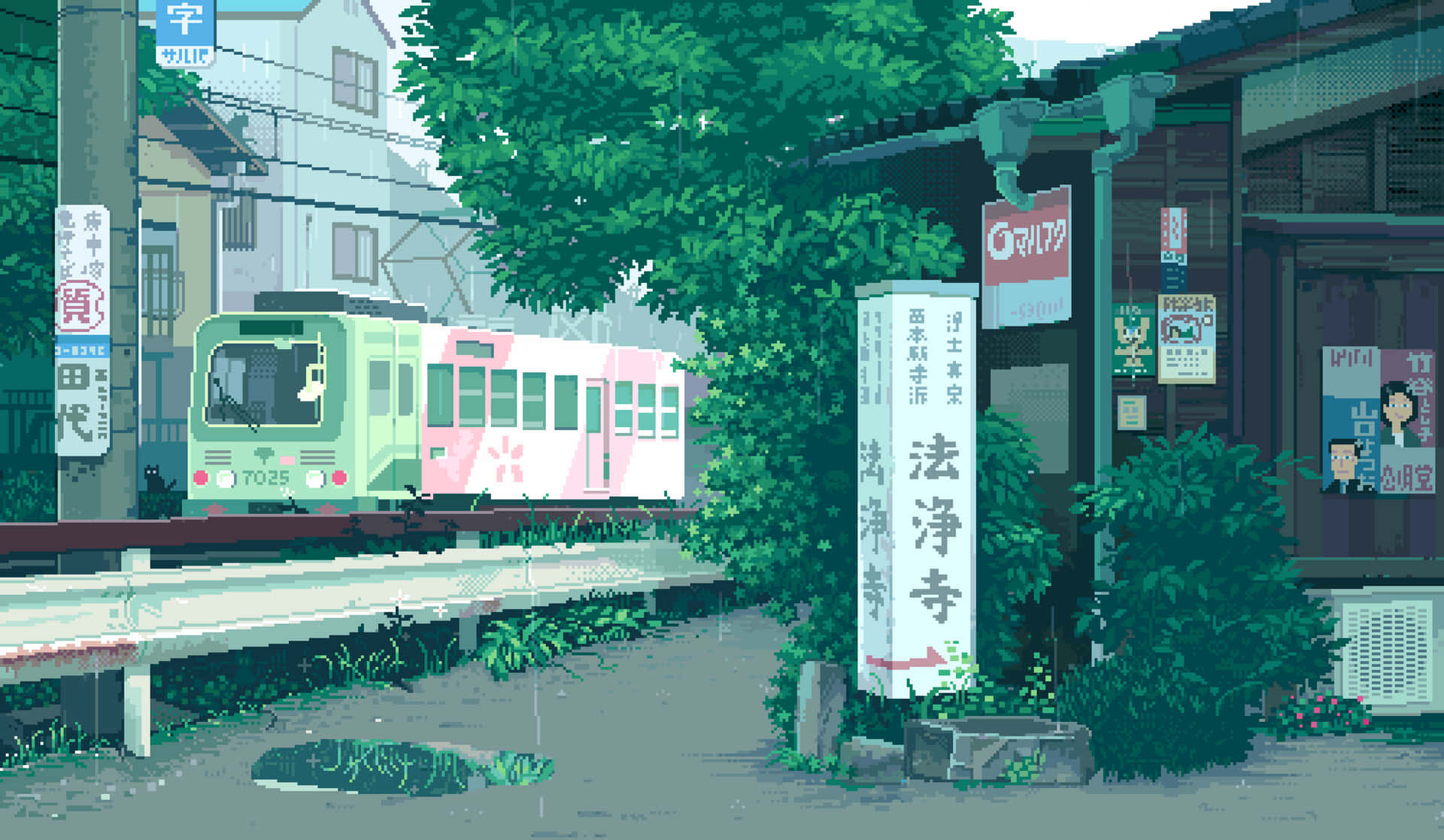 像素風格火車穿過雨中的日本街道，伴有綠植和標誌。