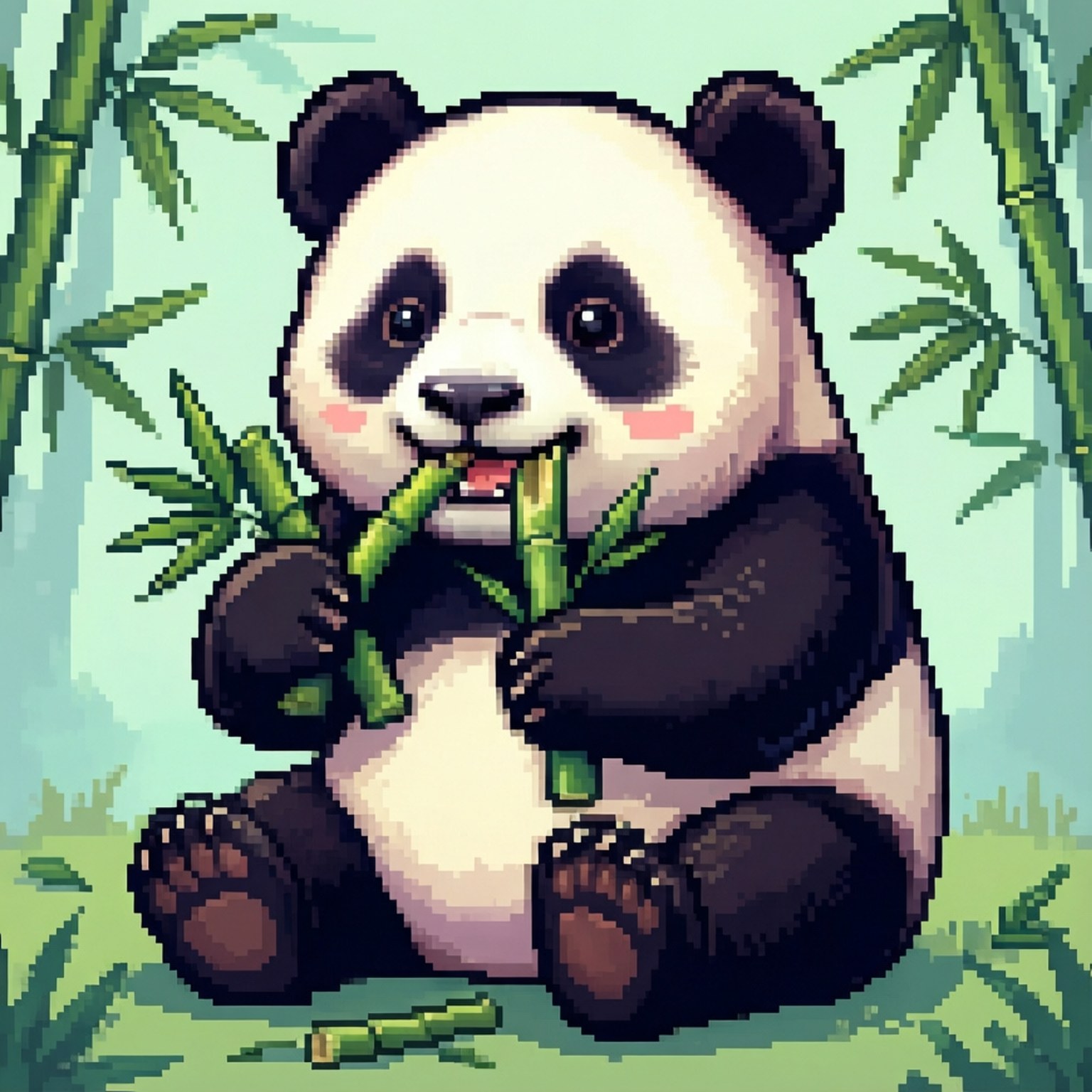 一隻像素熊貓喺竹林入面食竹。