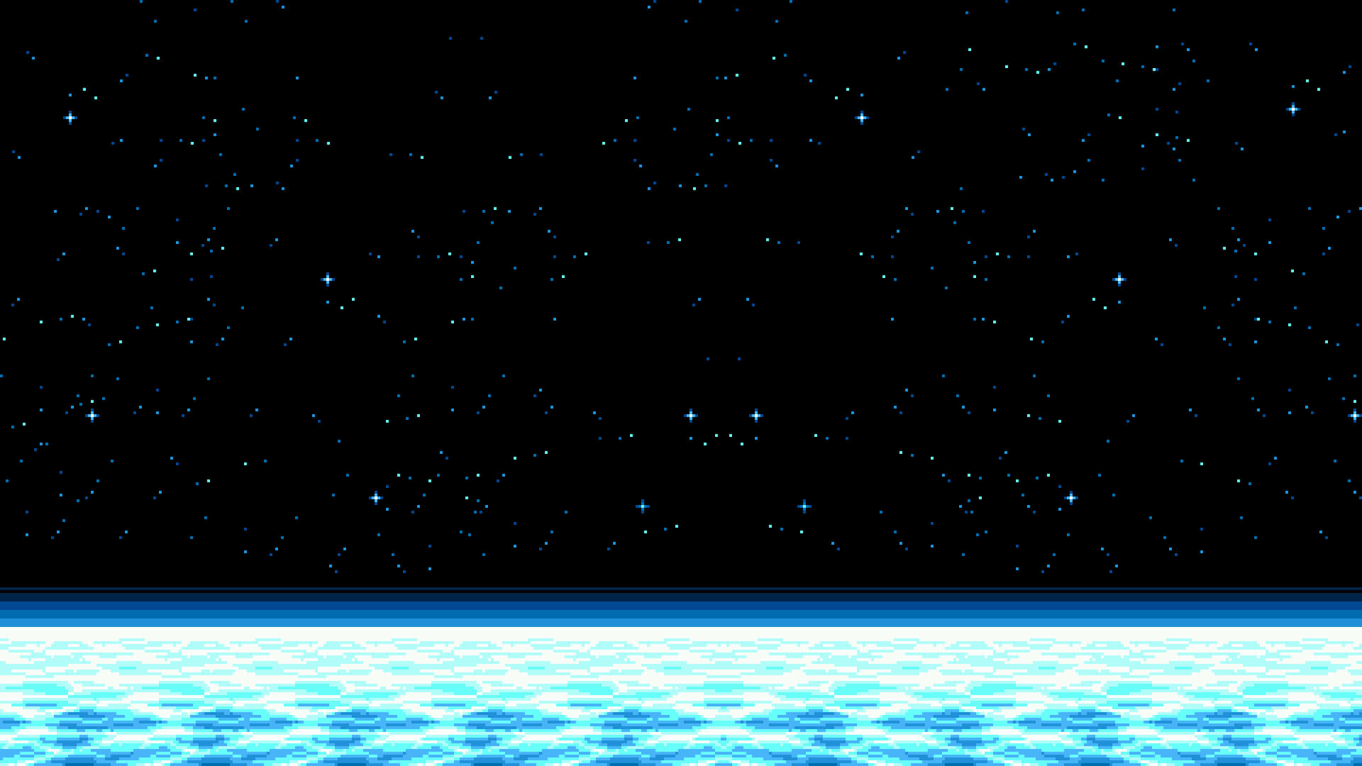夜晚發光藍色海洋地平線上的星星像素藝術。