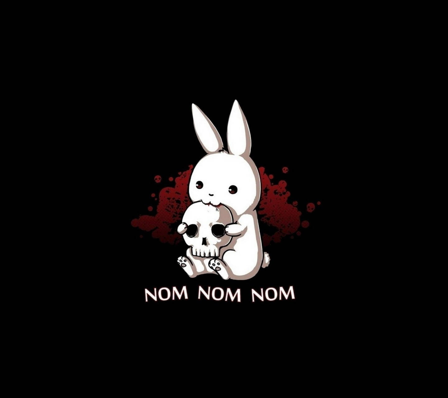 一隻卡通兔仔拿著一個有紅色濺污和 nom nom nom 文字的骷髏頭。