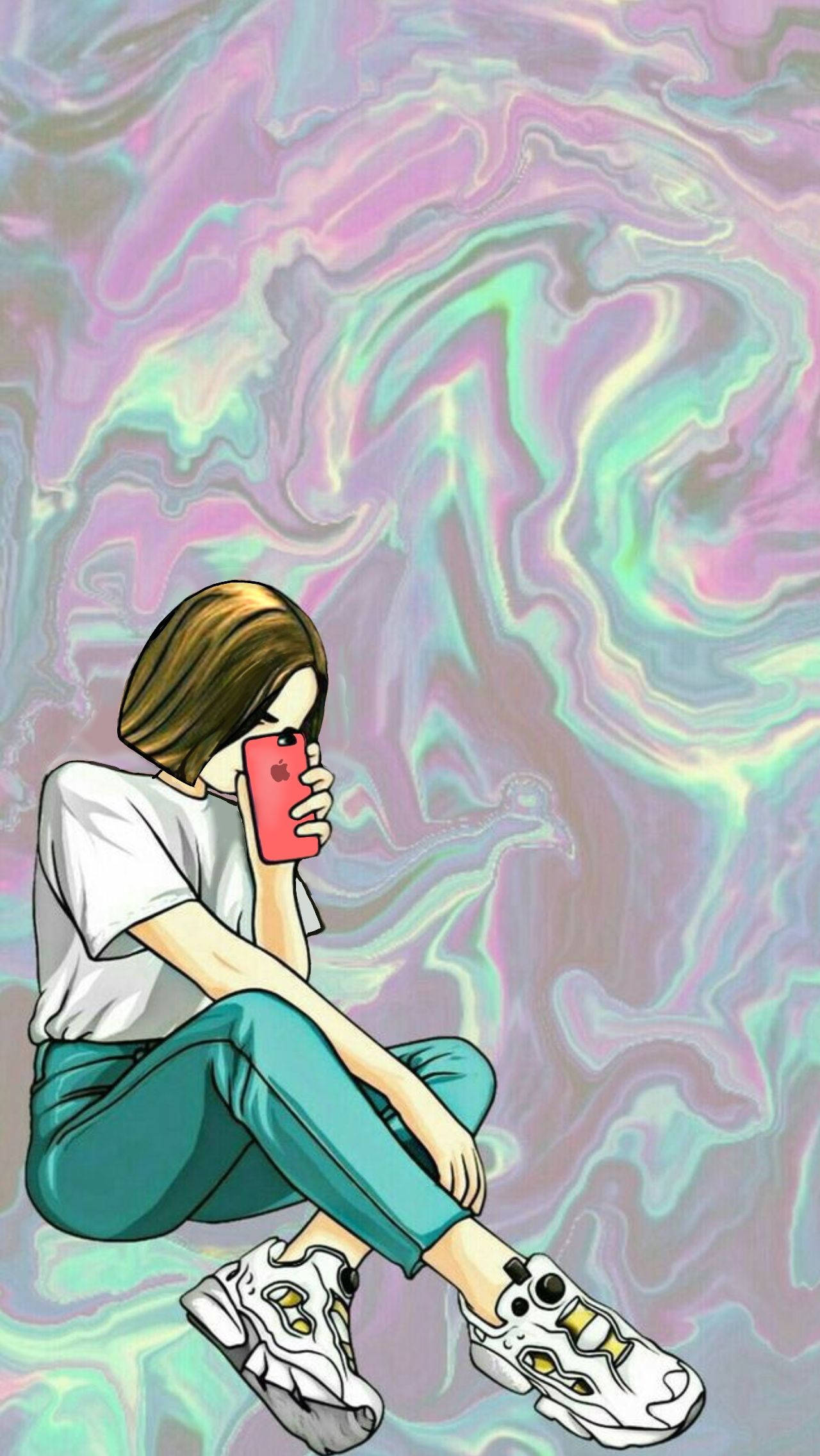 可愛全息頭像 壁紙 — 一位穿著休閒服的年輕女性盤腿坐在旋轉的粉彩迷幻背景前，將紅色電話貼在臉上。