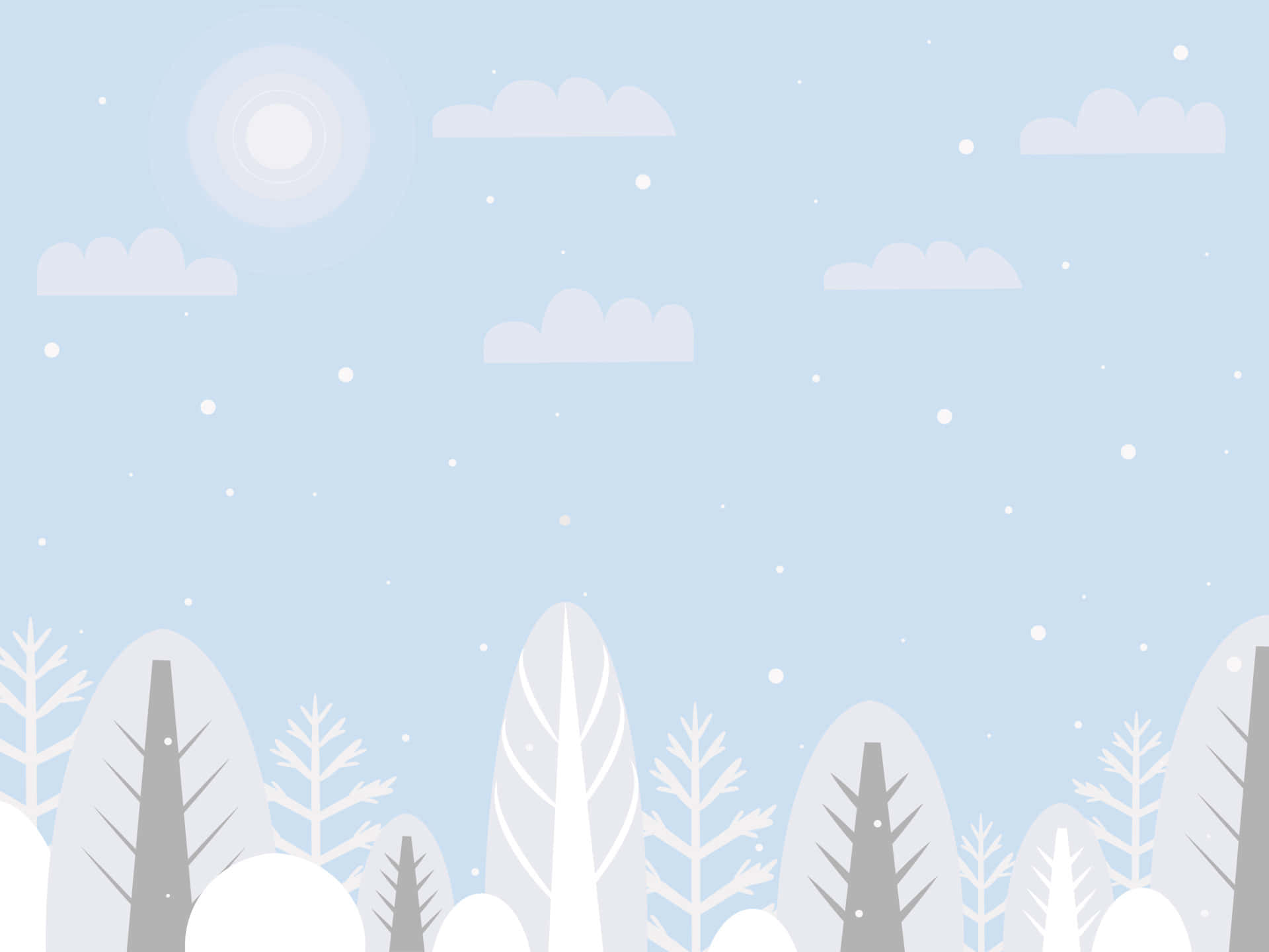 可愛冬季樹木雪景背景 壁紙 — 一個極簡的冬季森林，雪覆蓋的樹木在淡藍色的天空下，伴隨著柔軟的雲朵和飄落的雪花。