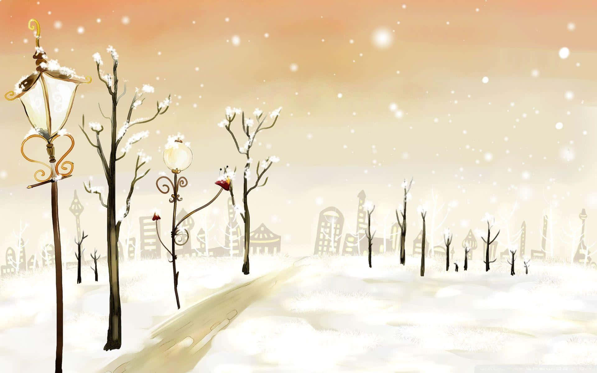 可愛冬日燈柱背景 壁紙 — 一個雪景冬日場景，裝飾華麗的路燈和光禿禿的樹木，在柔和的橙色天空下飄著雪花。
