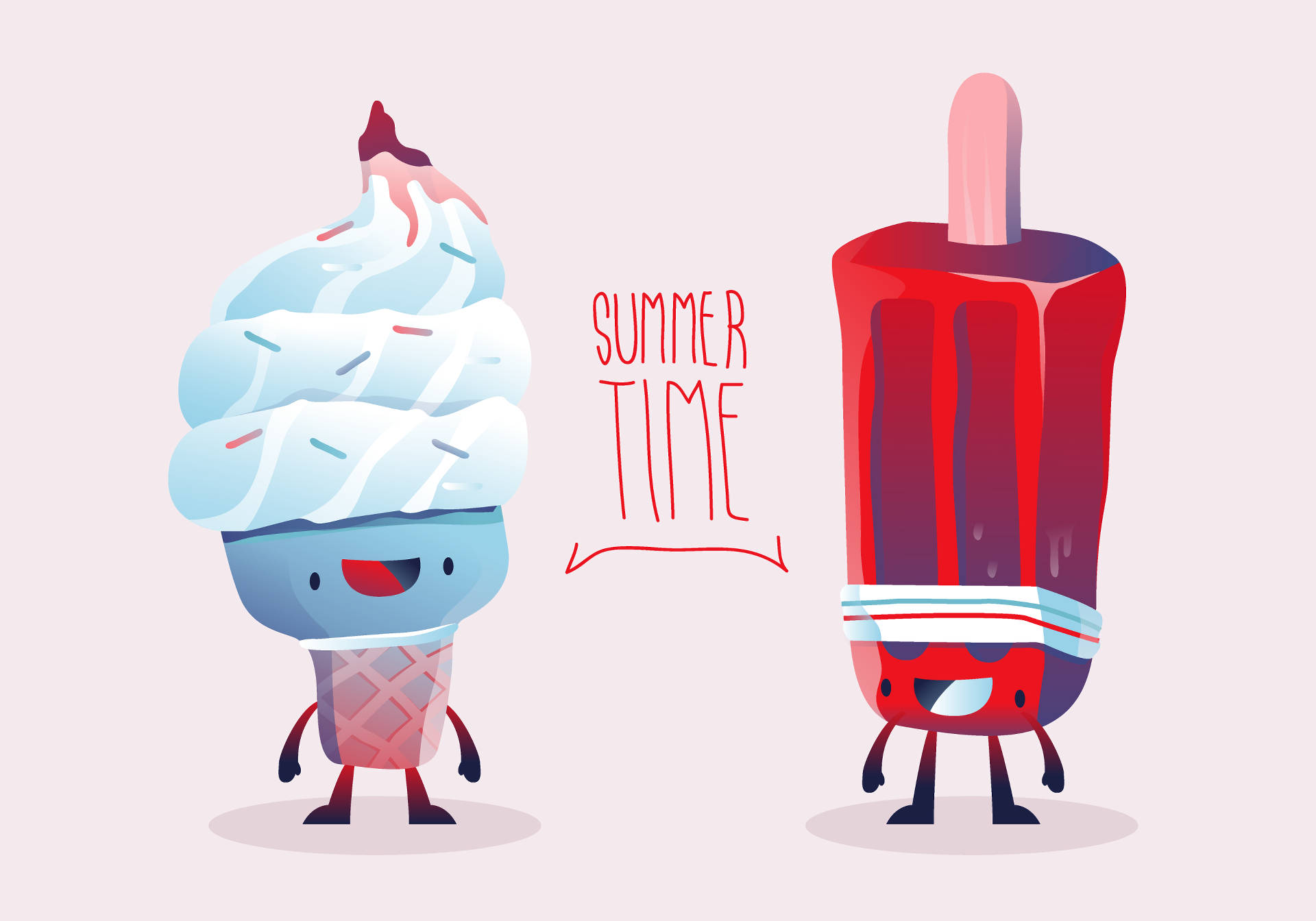 兩個笑臉的卡通雪糕和冰棒角色，帶有「SUMMER TIME」文字。