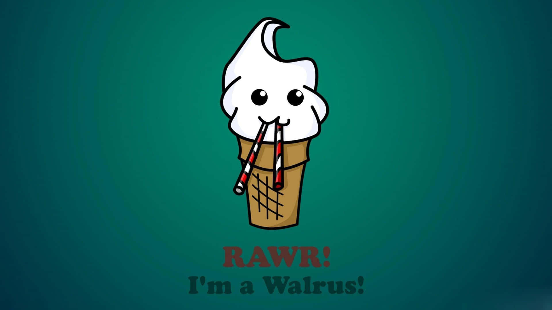 卡通雪糕筒，有海象臉，拿著拐杖糖，文字RAWR 我是一隻海象。
