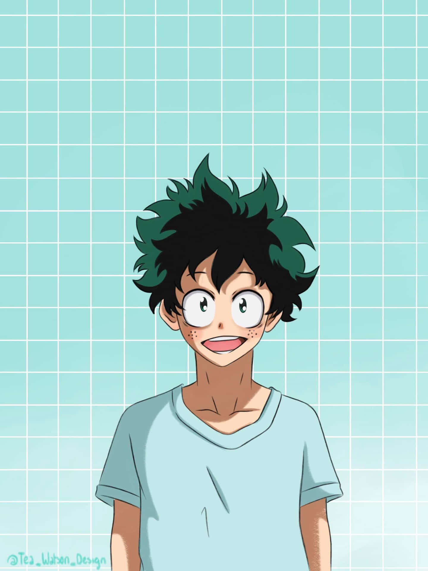 動漫男孩，擁有尖刺頭髮和眼鏡，在網格背景前微笑。
