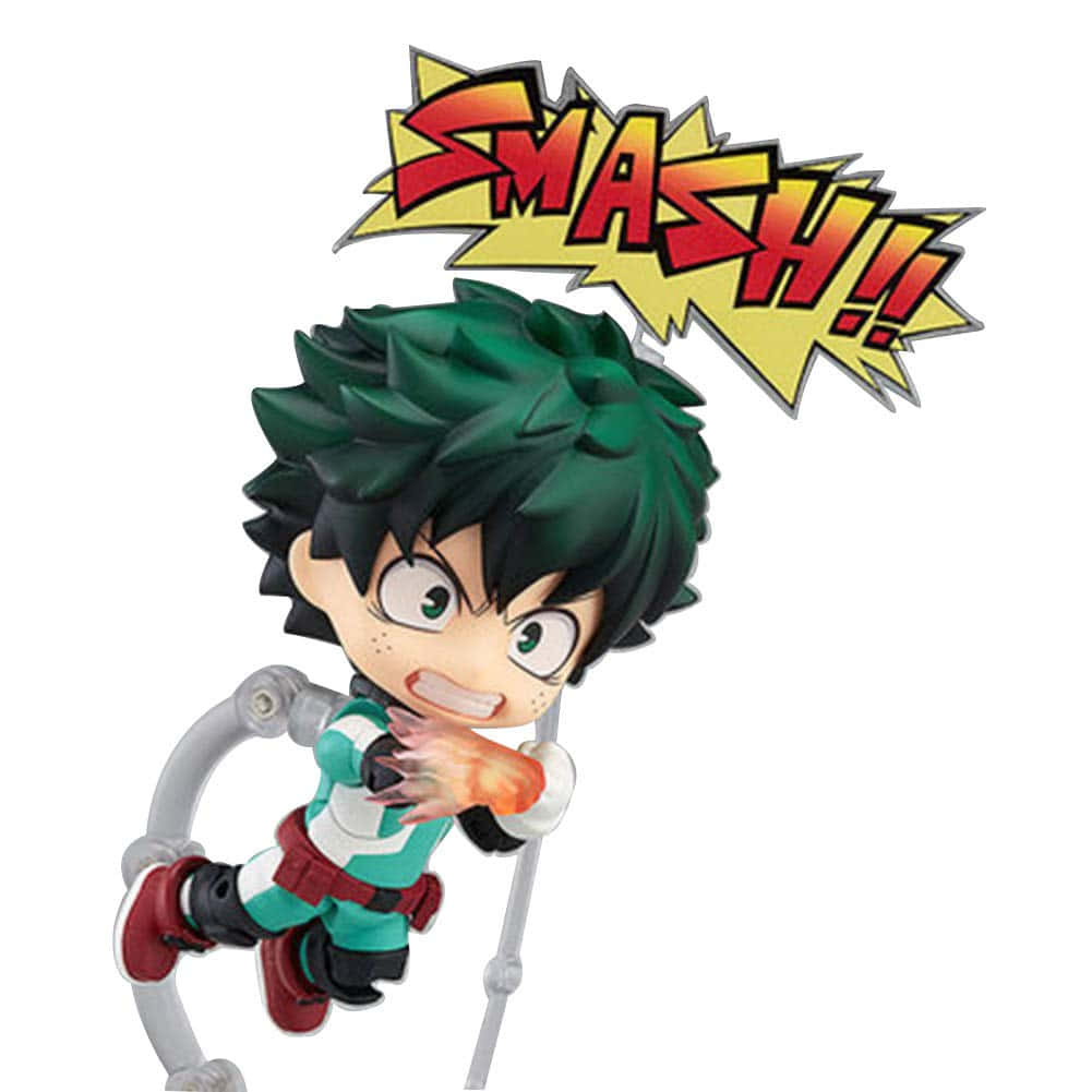 動畫角色綠谷出久以Q版形式用火焰拳頭和「SMASH!!」對話框出拳。