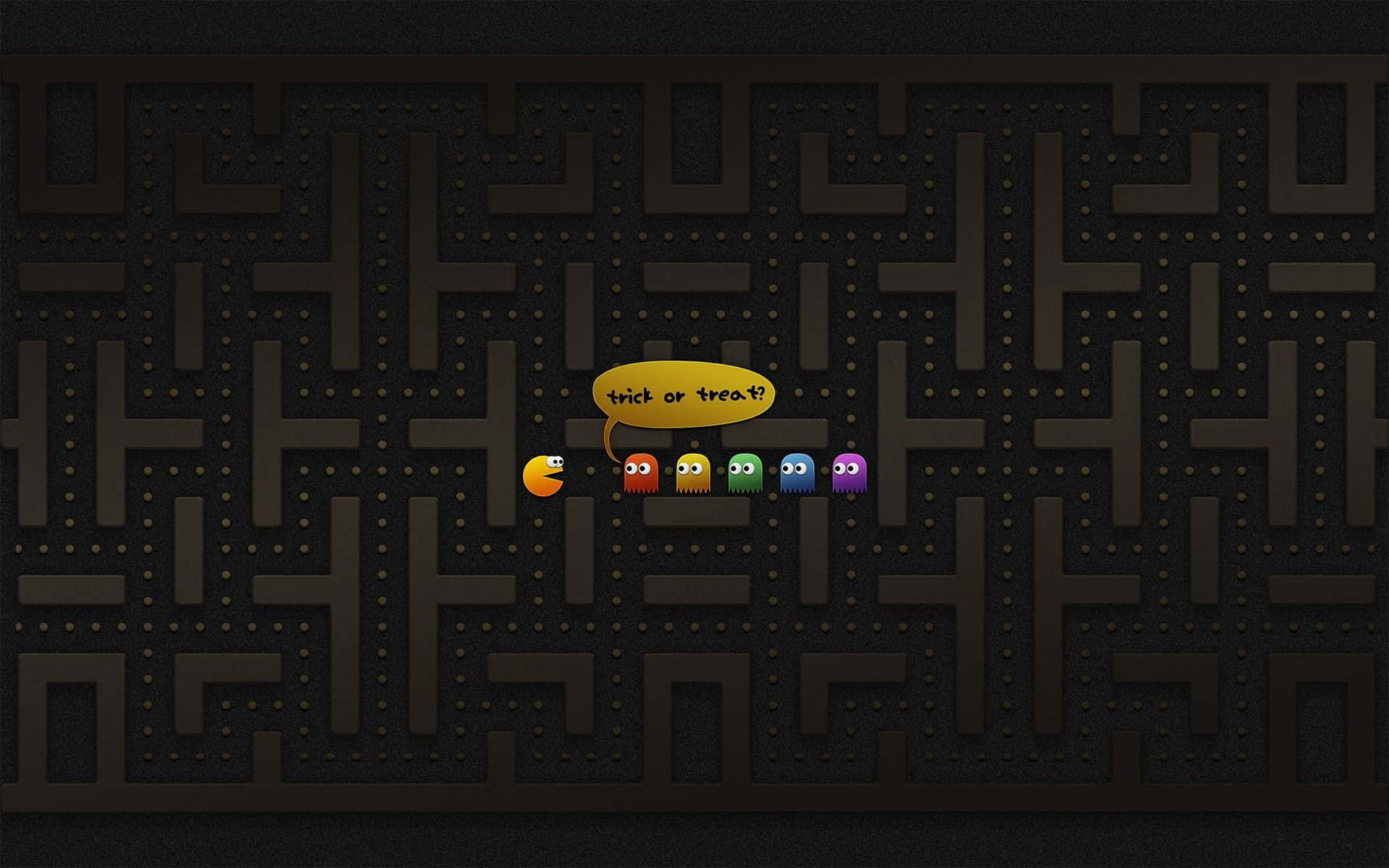 可愛到不嚇人！ 壁紙 — Pac-Man 同四個鬼魂喺一個萬聖節主題迷宮入面，仲有個『trick or treat?』對話氣泡。