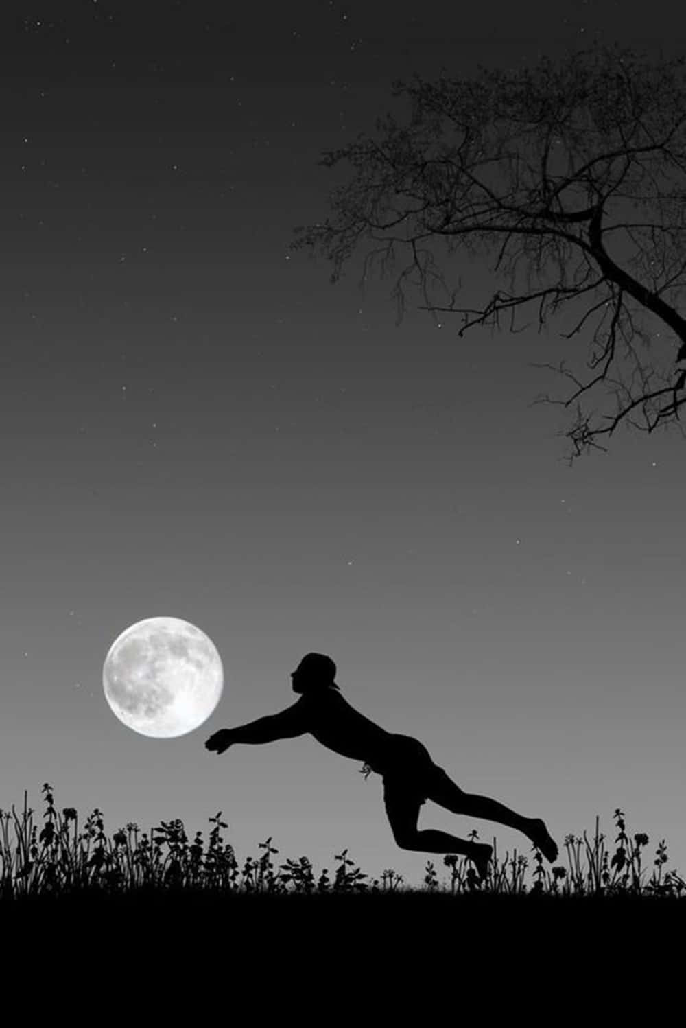 一個人在滿天星斗的夜空下，伴隨著光禿的樹枝向月亮躍起。