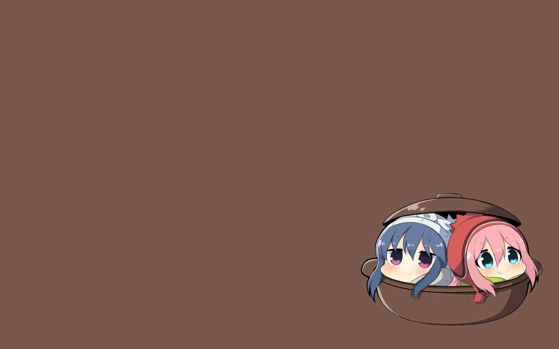 可愛動漫《Yuru Camp△》奈津子與 Rin 壁紙 — 兩個動漫女孩從一個棕色鍋中探出頭來，背景是純棕色。
