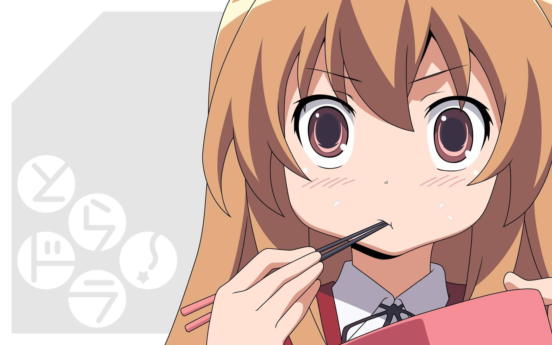 可愛動漫Taiga Aisaka吃飯 壁紙 — 擁有棕色頭髮和大眼睛的動漫女孩用筷子吃麵條，微微臉紅。