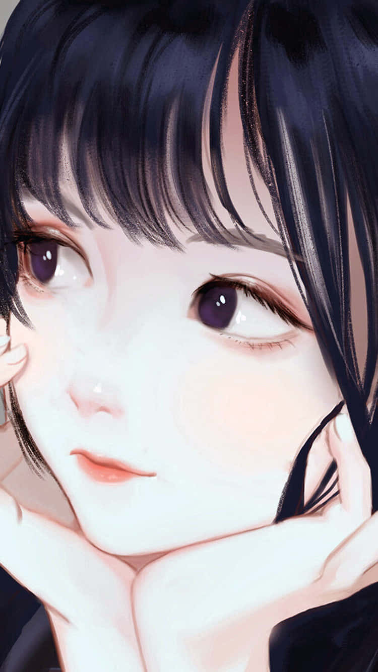 深色頭髮和紫色眼睛的動漫女孩雙手托腮。