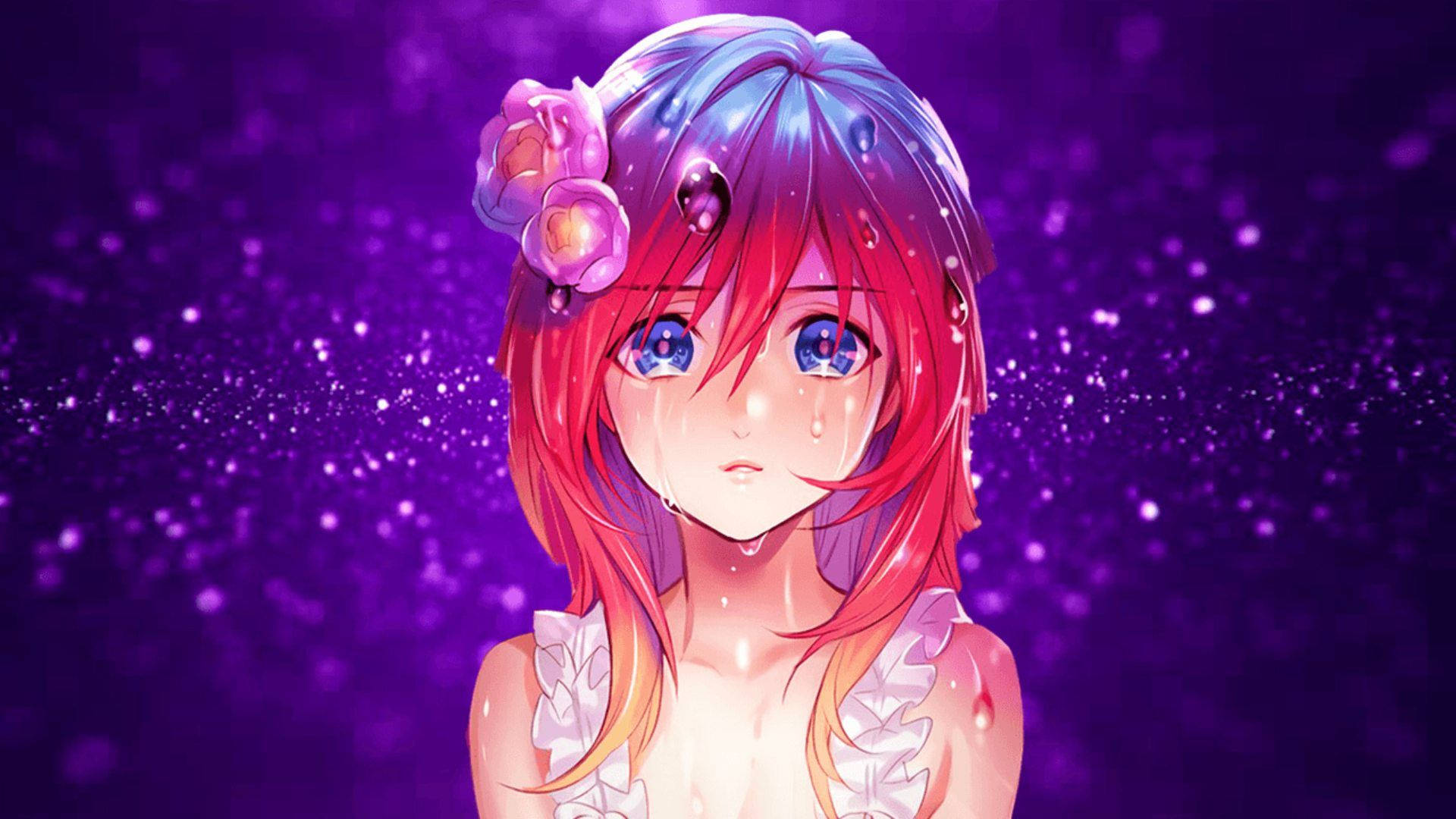 可愛動漫女孩哭泣 壁紙 — 一個淚眼汪汪的動漫女孩，紅髮藍眼，站在閃爍的紫色背景前，頭髮上別著一朵粉紅色的花。