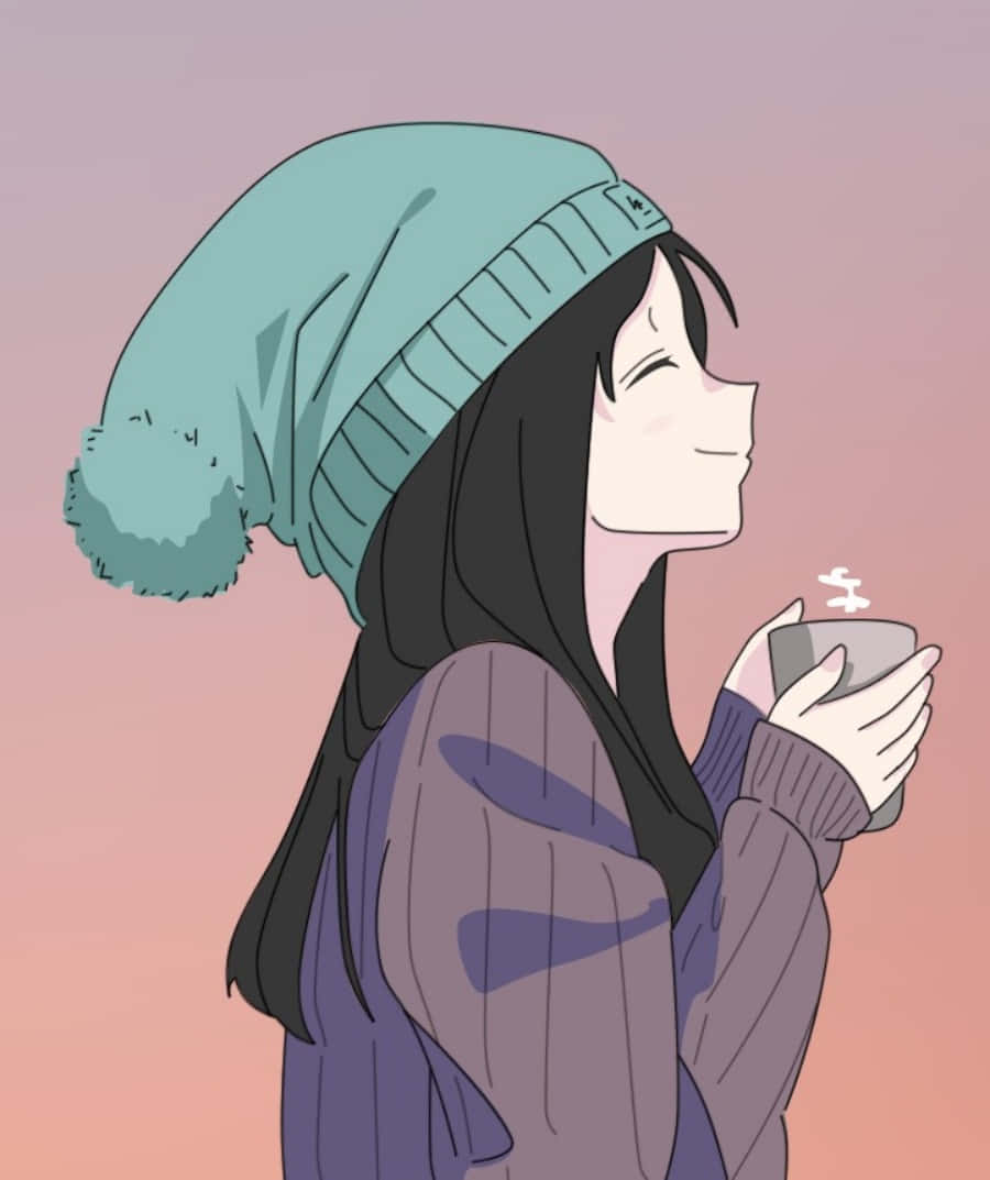 戴冷帽的動漫女孩，帶著滿足的表情拿著冒蒸汽的杯子。