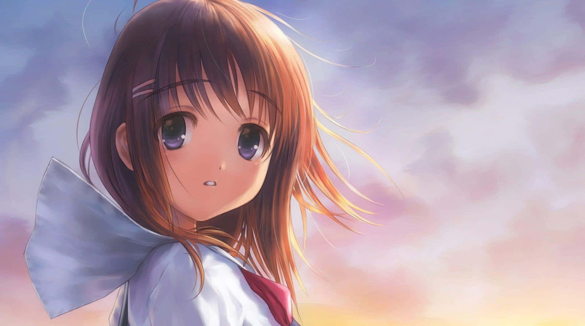 棕色頭髮和紫色眼睛的動漫女孩，以粉彩日落天空為背景。