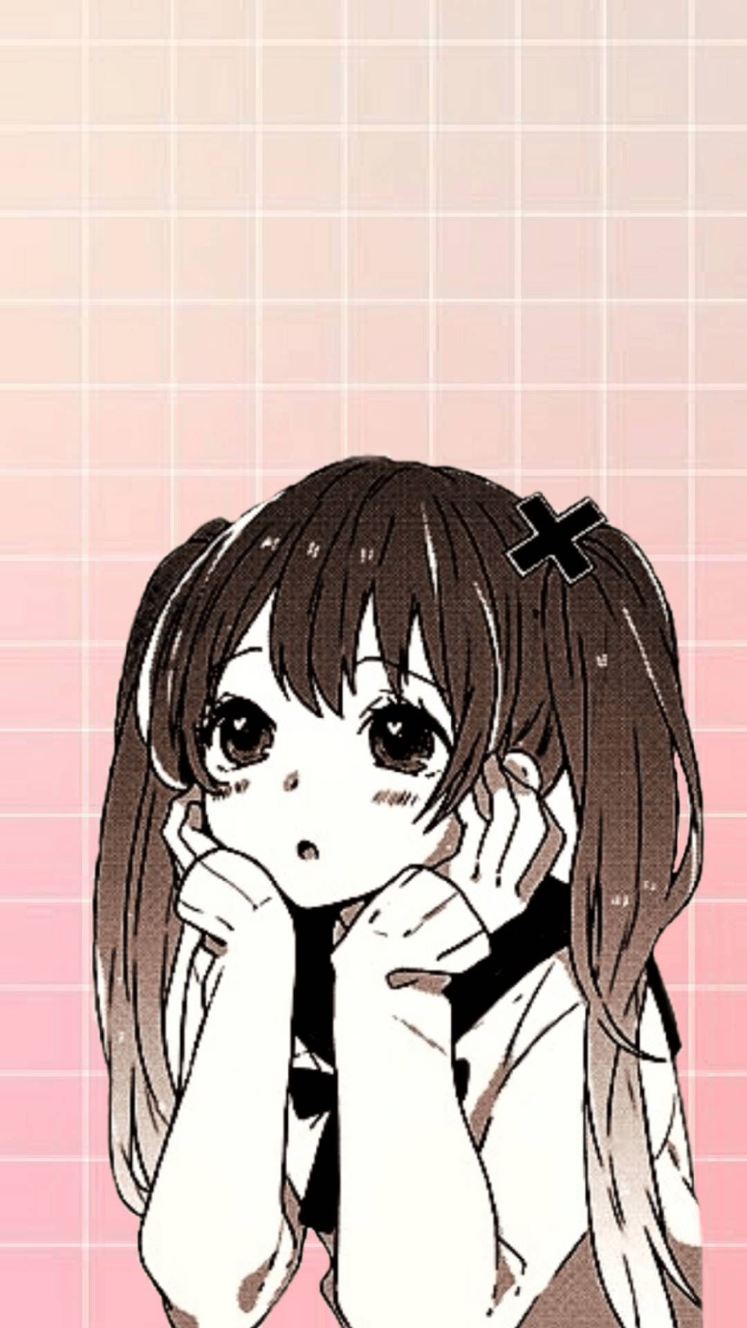 可愛動漫女孩手托下巴凝望 壁紙 — 動漫女孩，棕色雙馬尾，黑色十字髮夾，雙手托腮，背景為粉紅色網格。