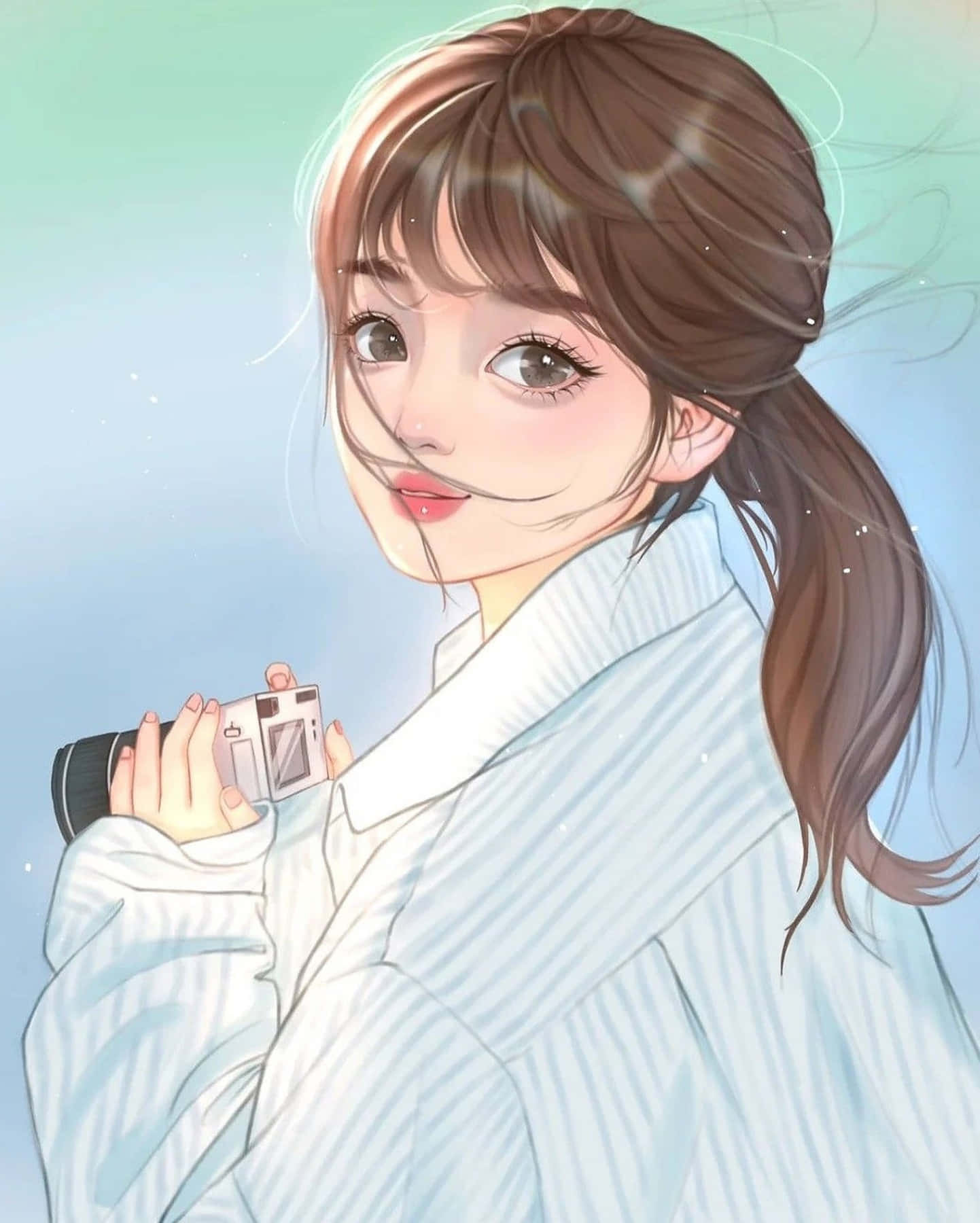 棕色頭髮的動漫女孩手持相機，溫柔微笑。