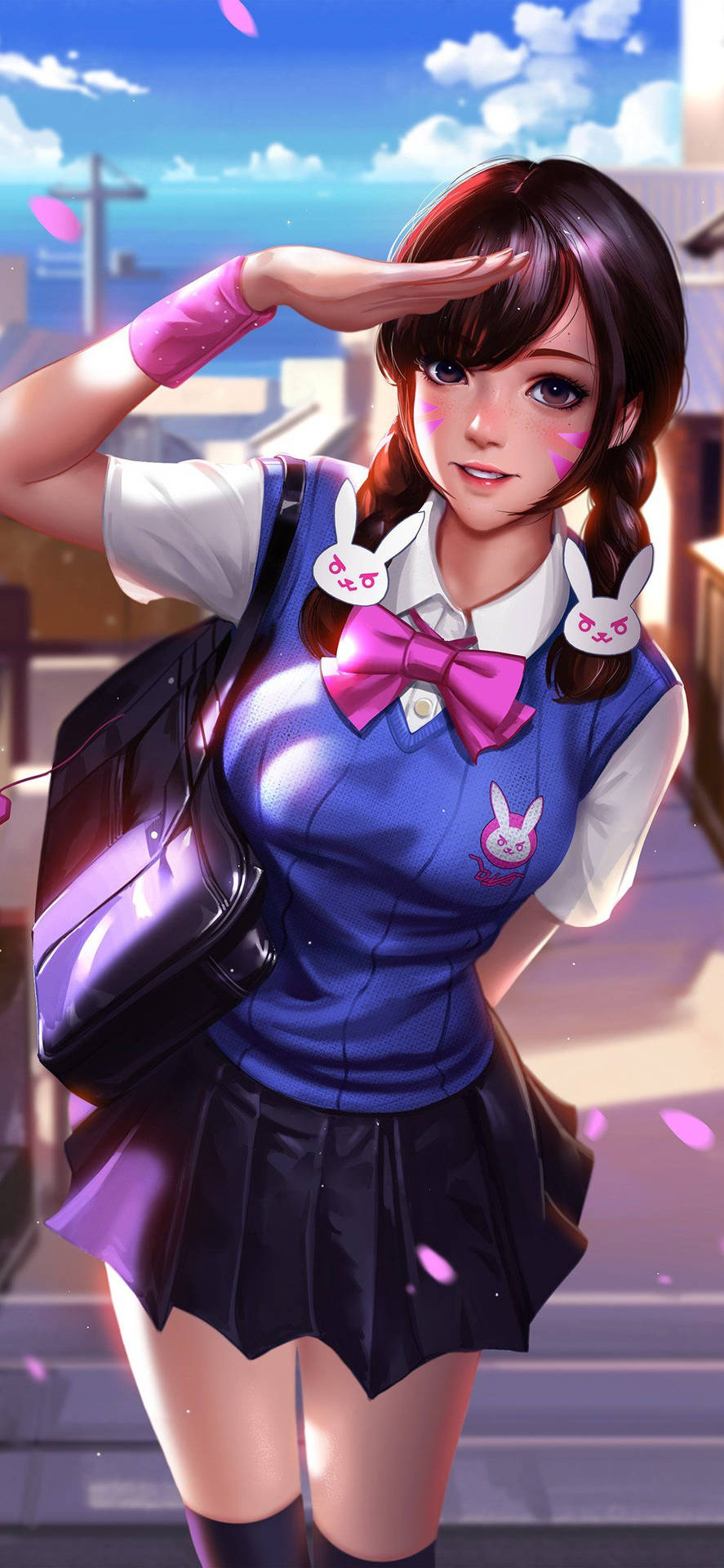 動漫女孩穿著校服敬禮，粉紅色花瓣在她周圍飄落。