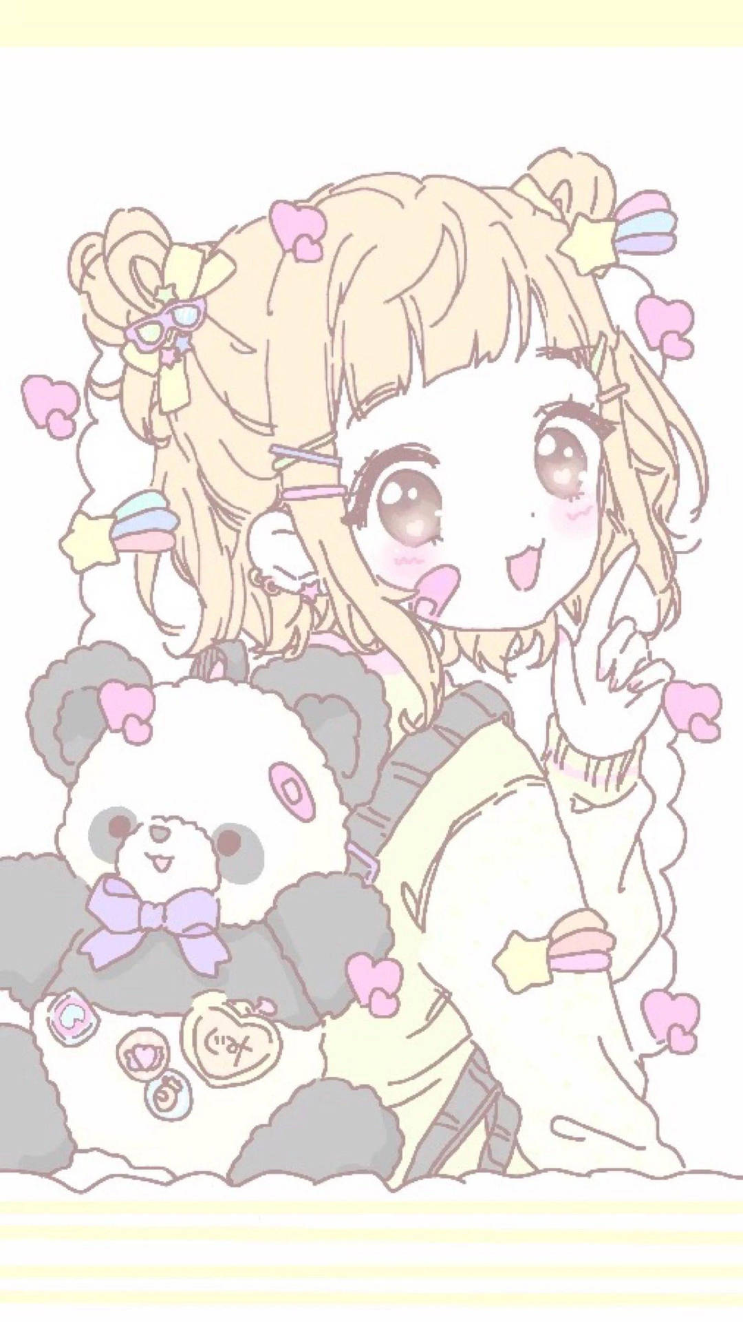 動漫女孩，金色頭髮，抱著熊貓毛絨玩具，周圍漂浮著心形。