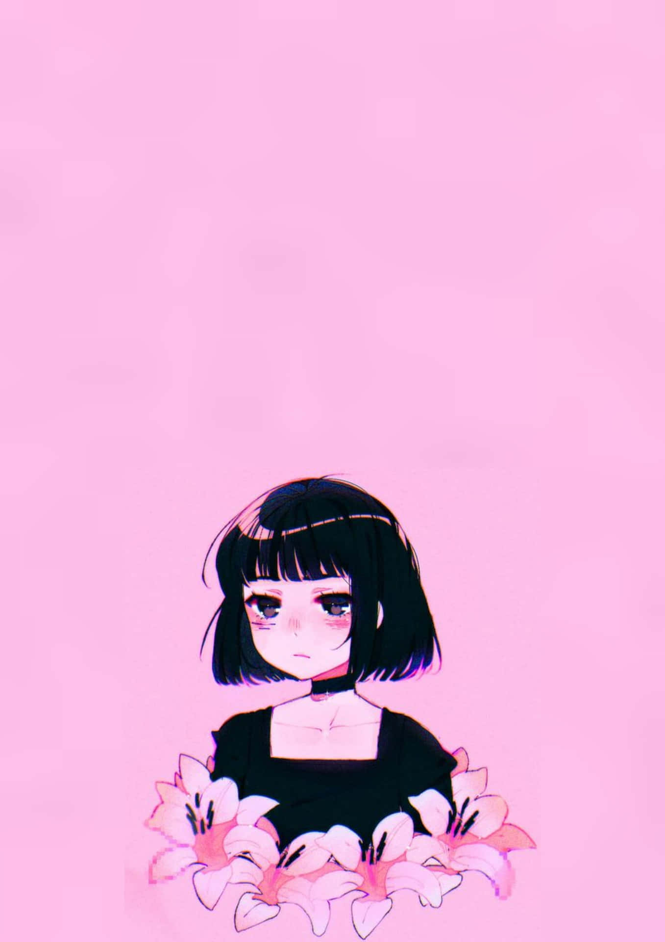 黑色鮑伯頭髮的動漫女孩在粉紅色背景前拿著粉紅色的百合花。