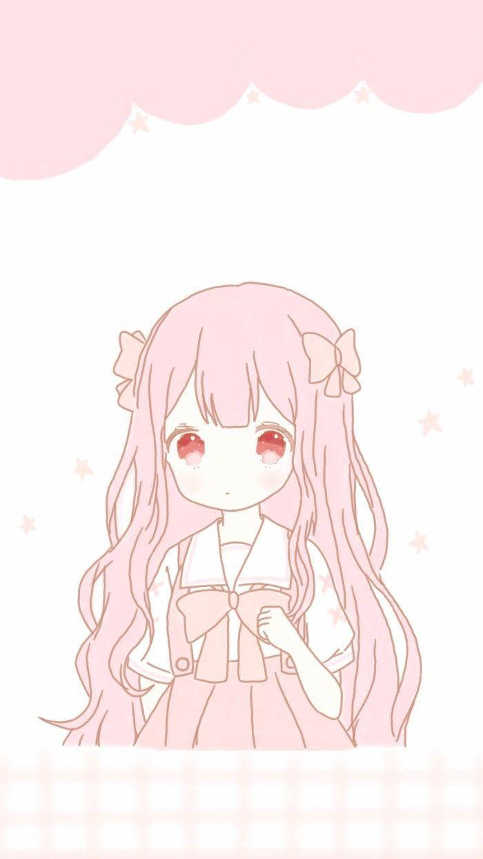 可愛動漫女孩綁著粉紅絲帶 壁紙 — 一個可愛的動漫女孩，長長的粉紅色頭髮和紅色眼睛，穿著粉紅色蝴蝶結連衣裙，在帶有星星的柔軟粉紅色雲朵下。