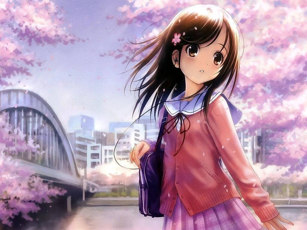 可愛動漫女孩與櫻花樹 壁紙 — 一位年輕的動漫女孩，棕色頭髮，穿著粉紅色開襟衫，站在城市橋樑附近盛開的櫻花下。