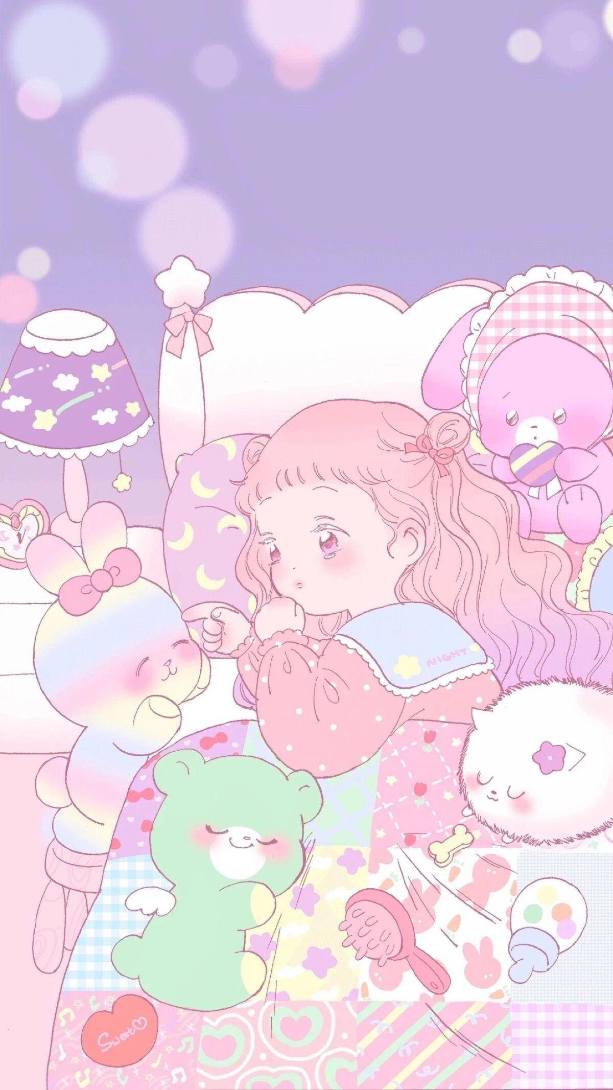 可愛動漫女孩與毛絨玩具共眠 壁紙 — 一個可愛的粉紅色頭髮動漫女孩在一個充滿毛絨玩具和柔和燈光的柔和色調臥室中休息。