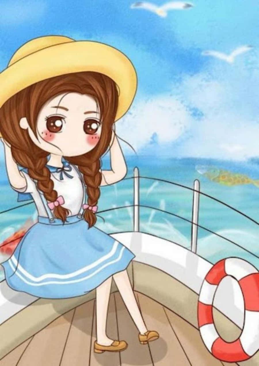 戴黃帽穿藍裙的動漫女孩坐在船甲板上，有海鷗和大海。