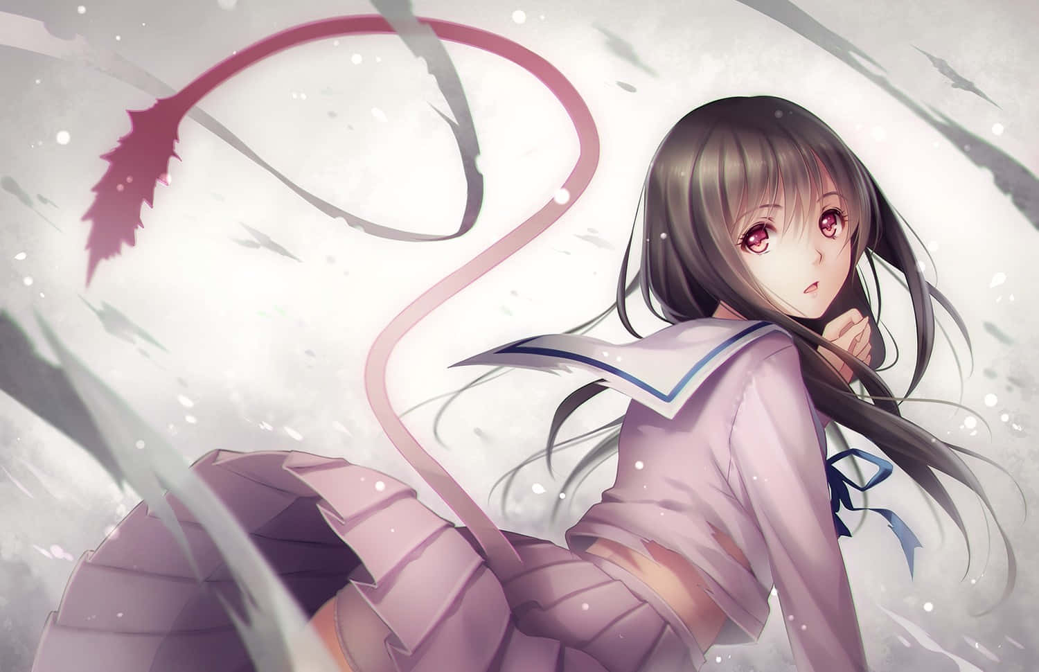 穿著校服的動漫女孩，紅色的眼睛，在旋轉的粉色和灰色漩渦中回頭看。
