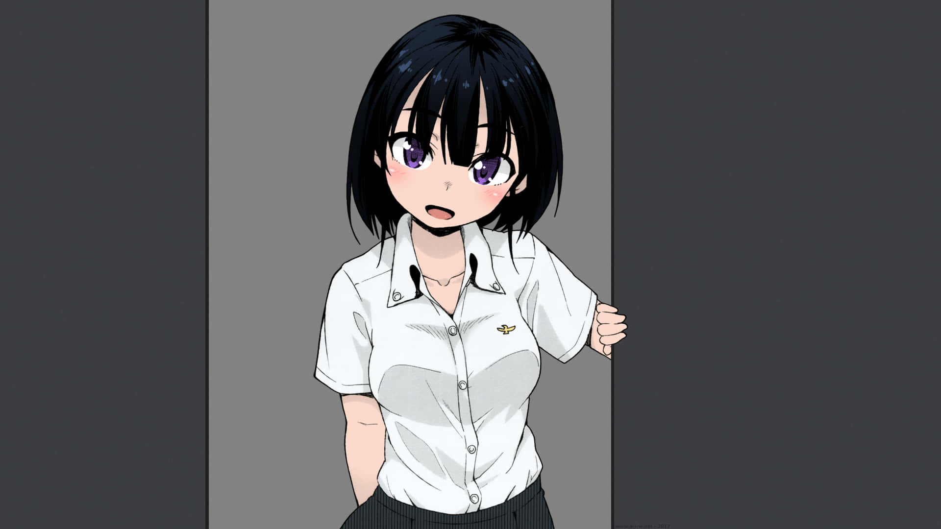 穿著校服的動漫女孩從灰色門後探出頭來，表情驚訝。